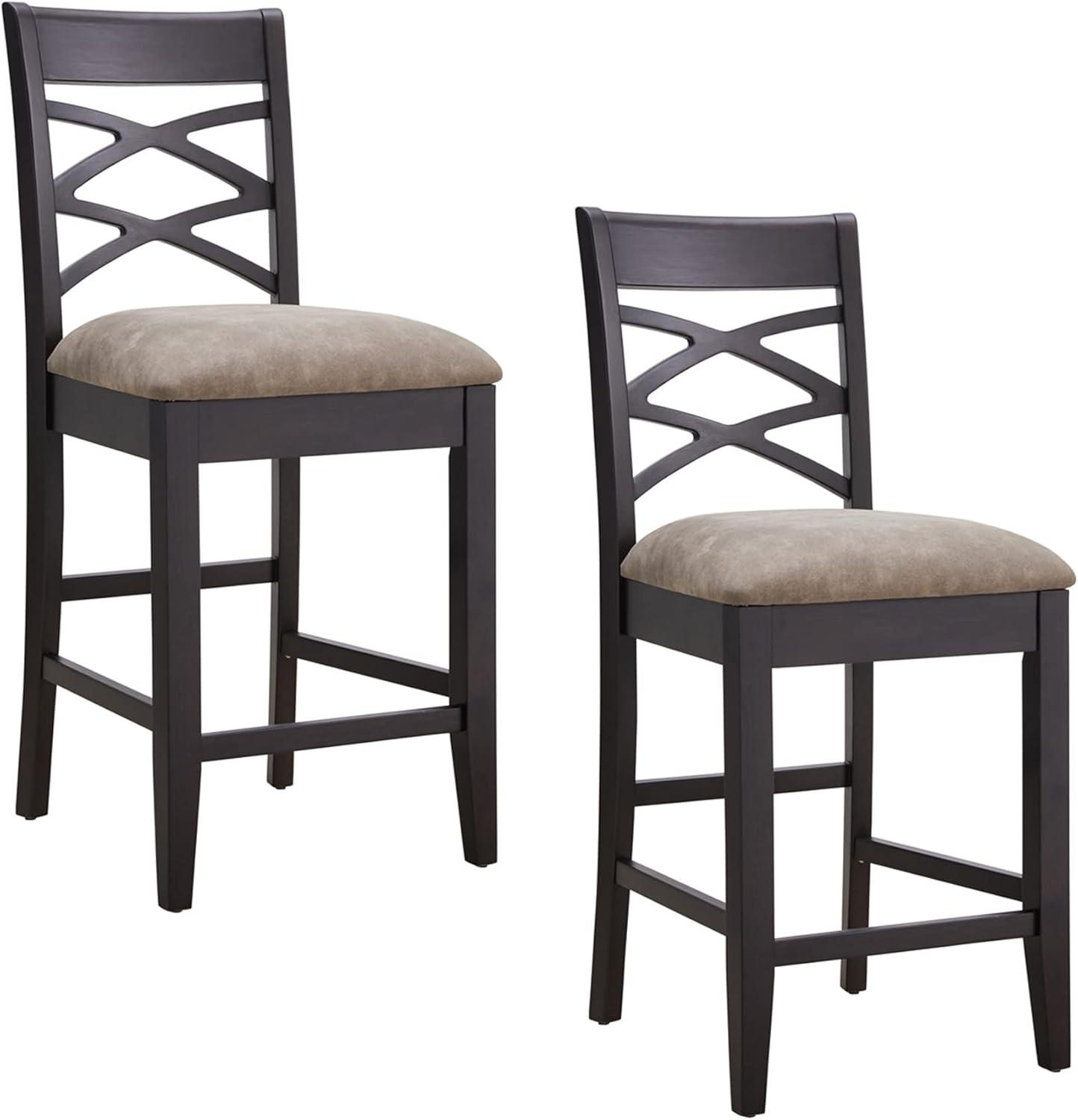 Black Wood Double Crossback Counter Height Stool with Gray Linen Seat