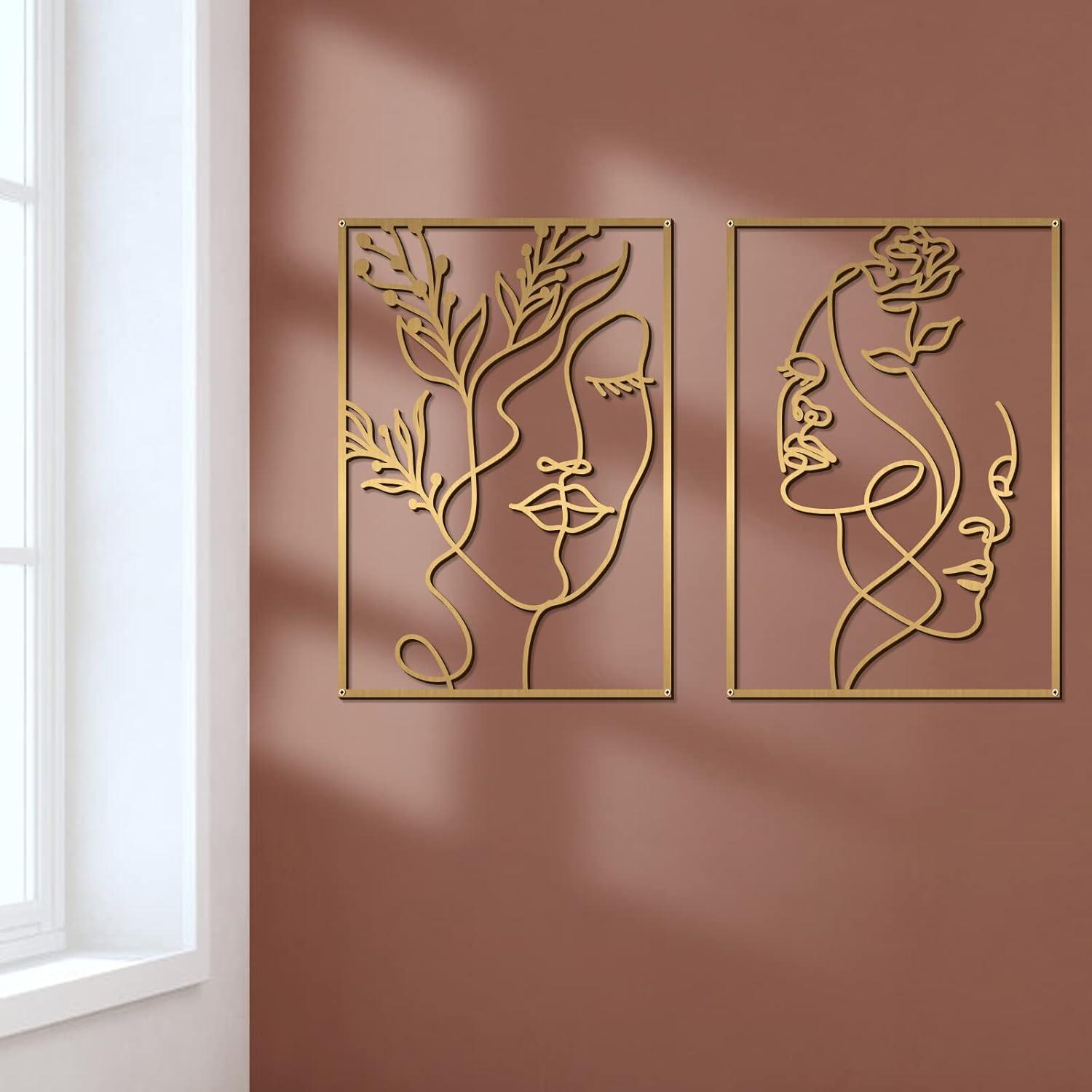Glamativity 4 Pack Gold Wall Art Decor, Female Flower Face Lover Minimalist Décor Single Line Art Wall Décor, Real Metal Wall Art, Woman's Body Shape Abstract Wall Art, for Kitchen Bedroom Living Room (Gold Floral Lady Style, M Size 17 x 11.8'')