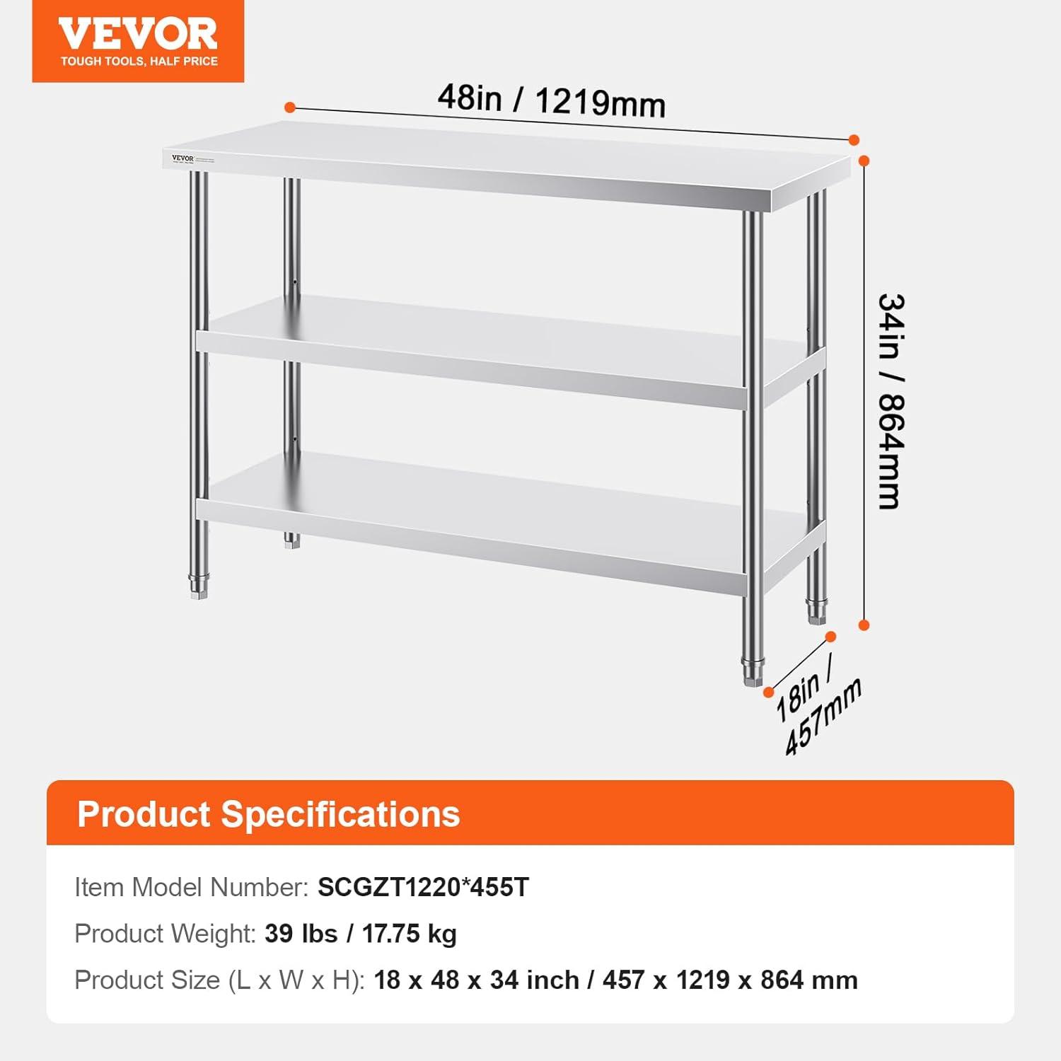 VEVOR VEVOR Stainless Steel Food Prep Table, Commercial Kitchen Worktable