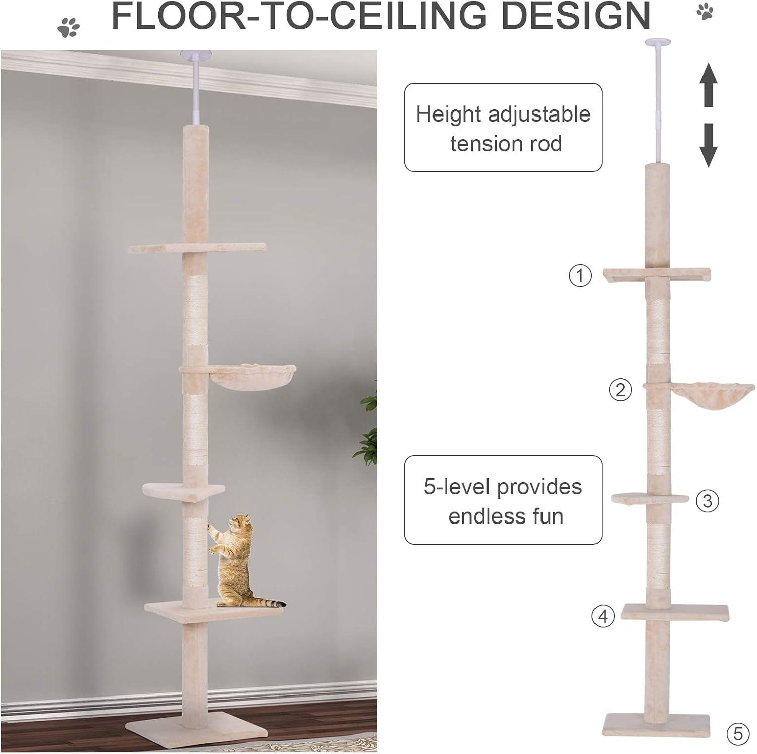 PawHut 9' Adjustable Height Floor-To-Ceiling Vertical Cat Tree - Beige and White