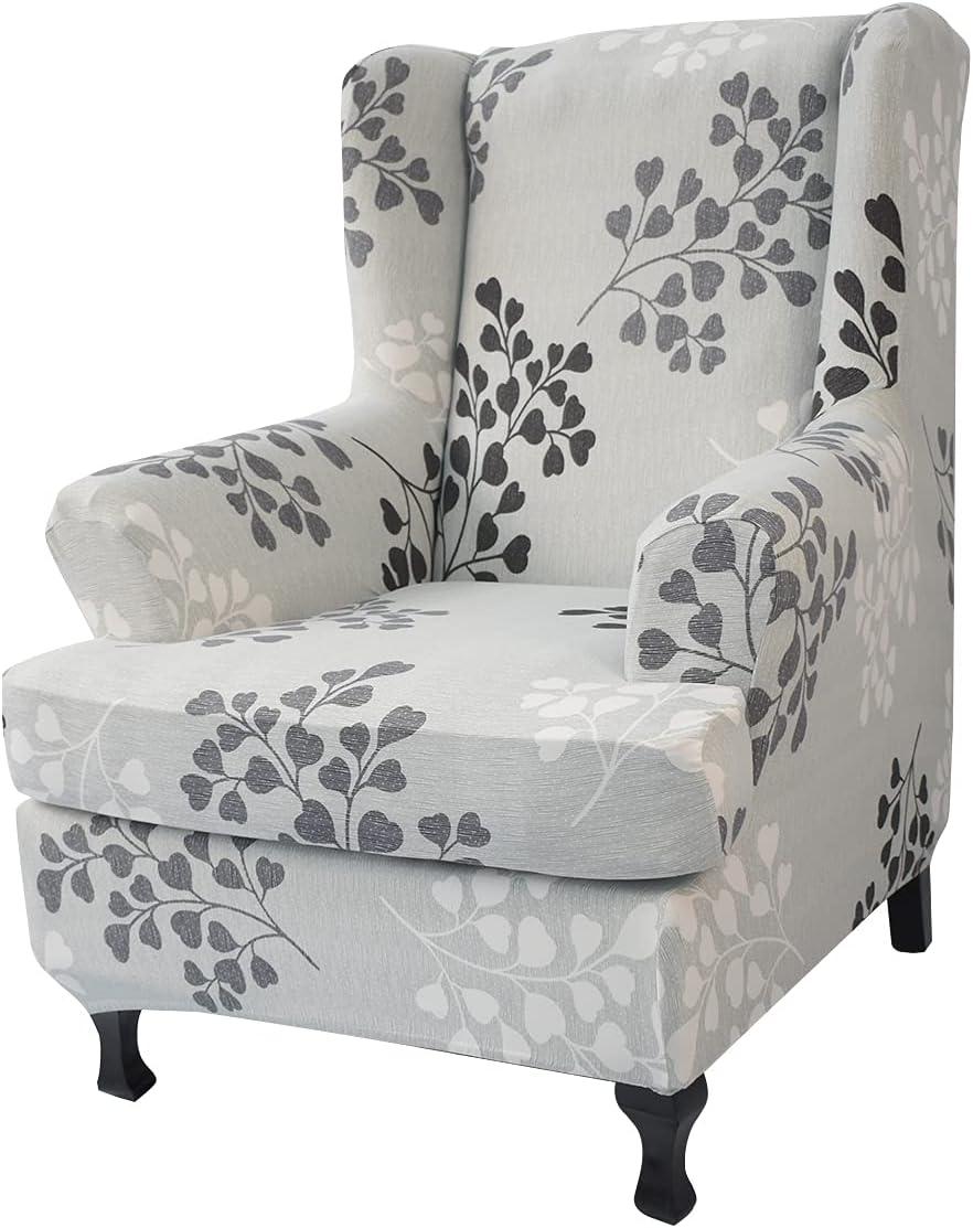 Gray Floral Stretch Wingback Chair Slipcover Set