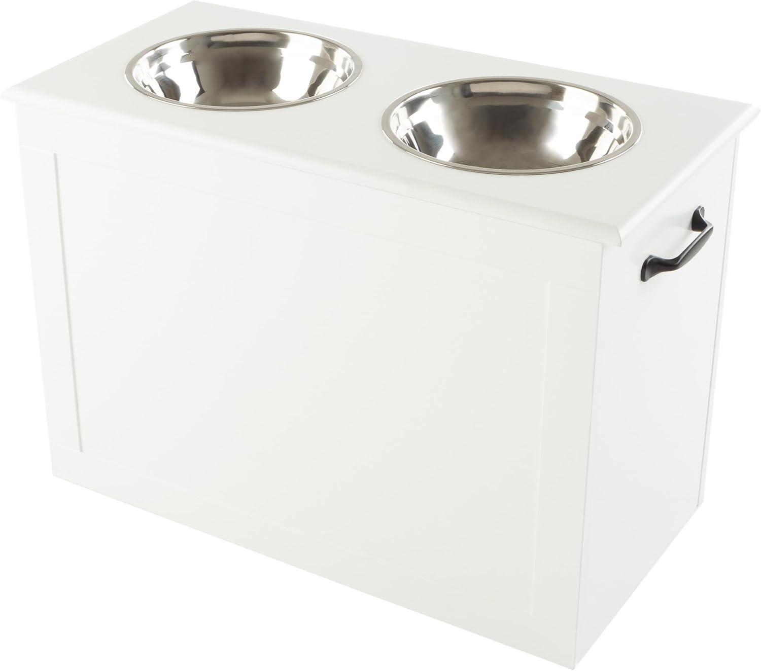 White Elevated Dog Bowls with Hidden Storage and Stainless Steel