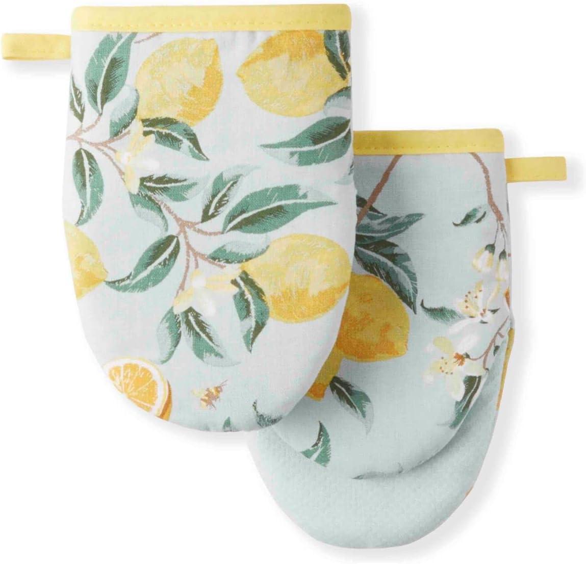 Yellow Lemon Print Cotton Mini Oven Mitt Set with Silicone Grip