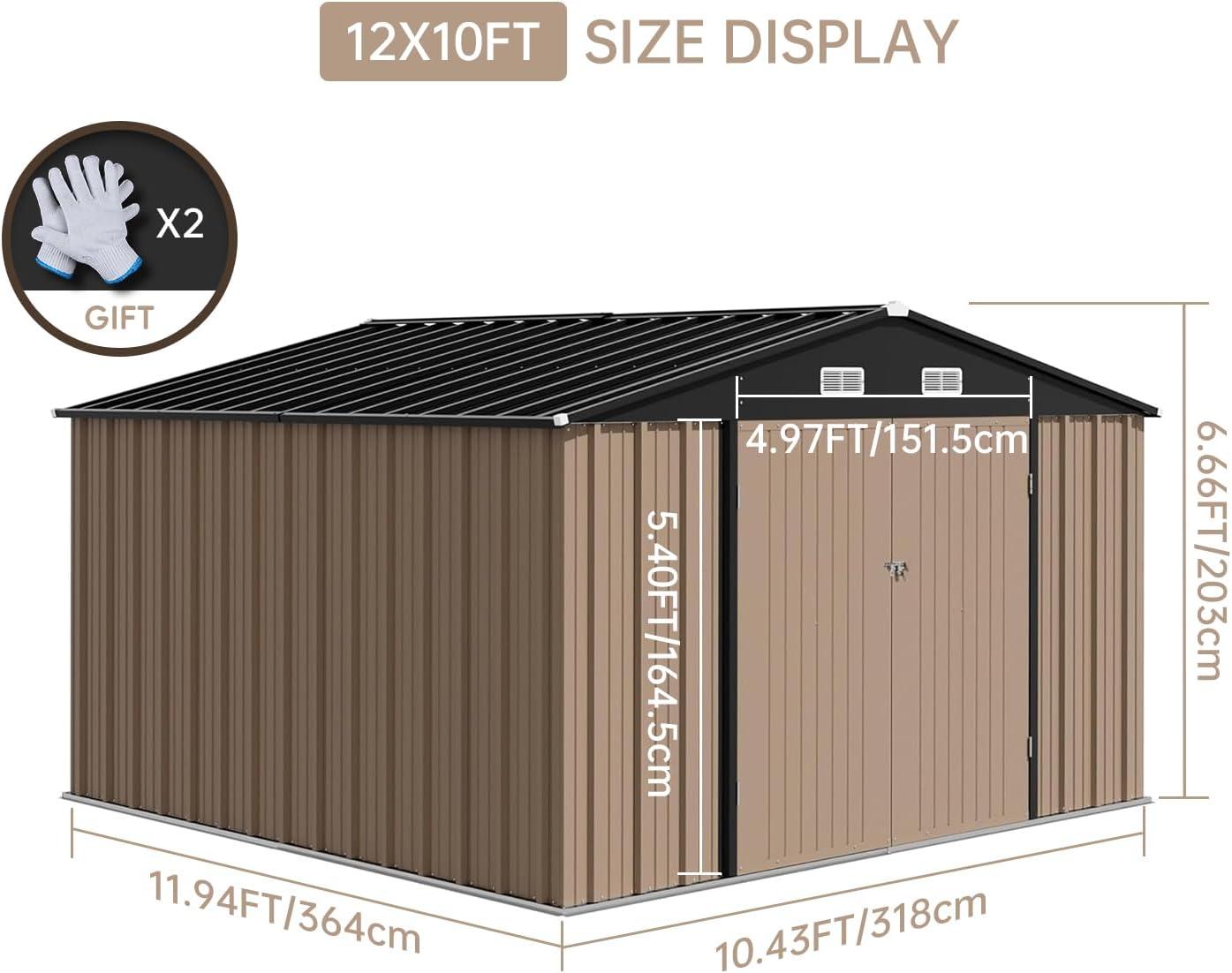 12x10 FT Outdoor Metal Storage Shed Garden Tool House With Lockable Doors and Vent Brown