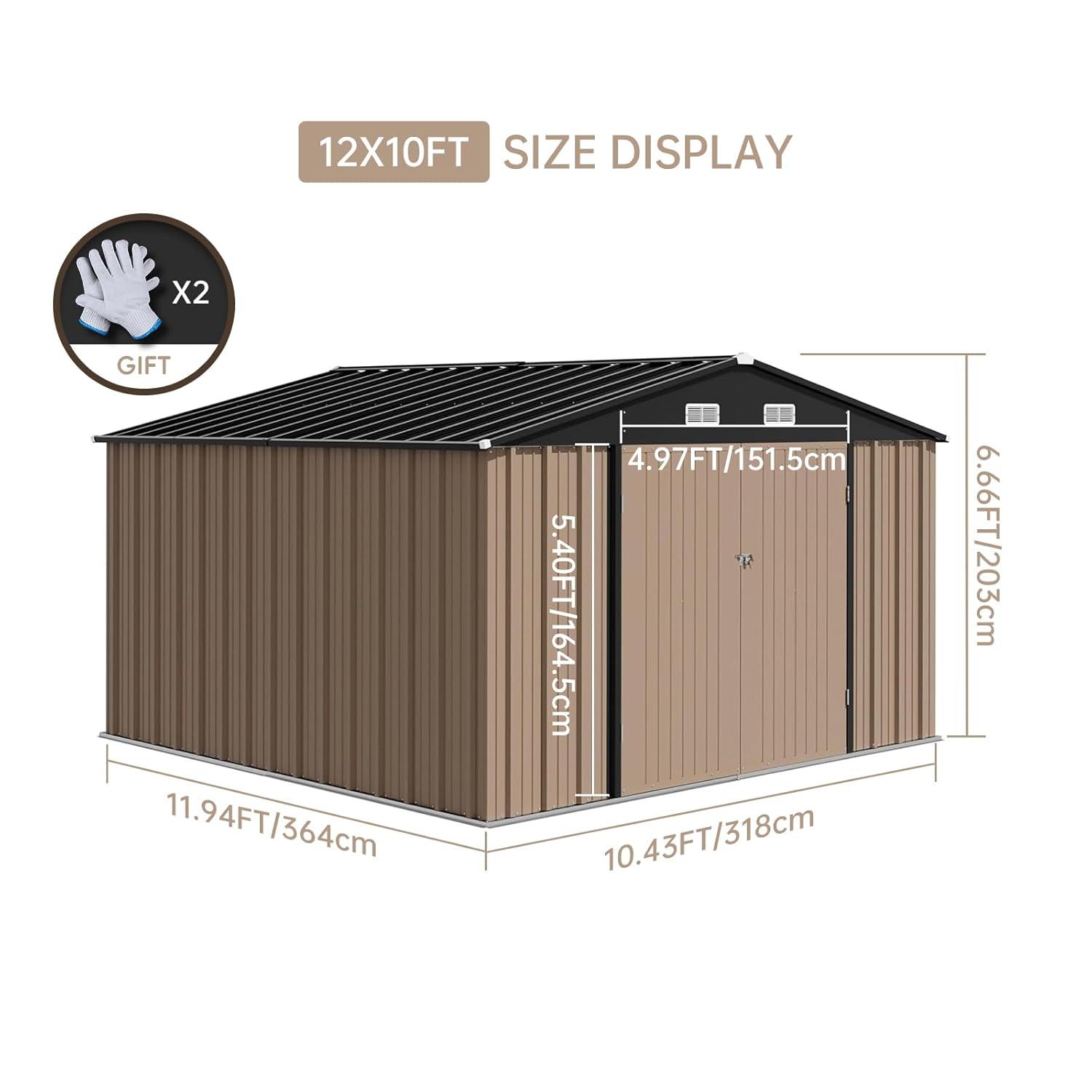 12x10 FT Outdoor Metal Storage Shed Garden Tool House With Lockable Doors and Vent Brown