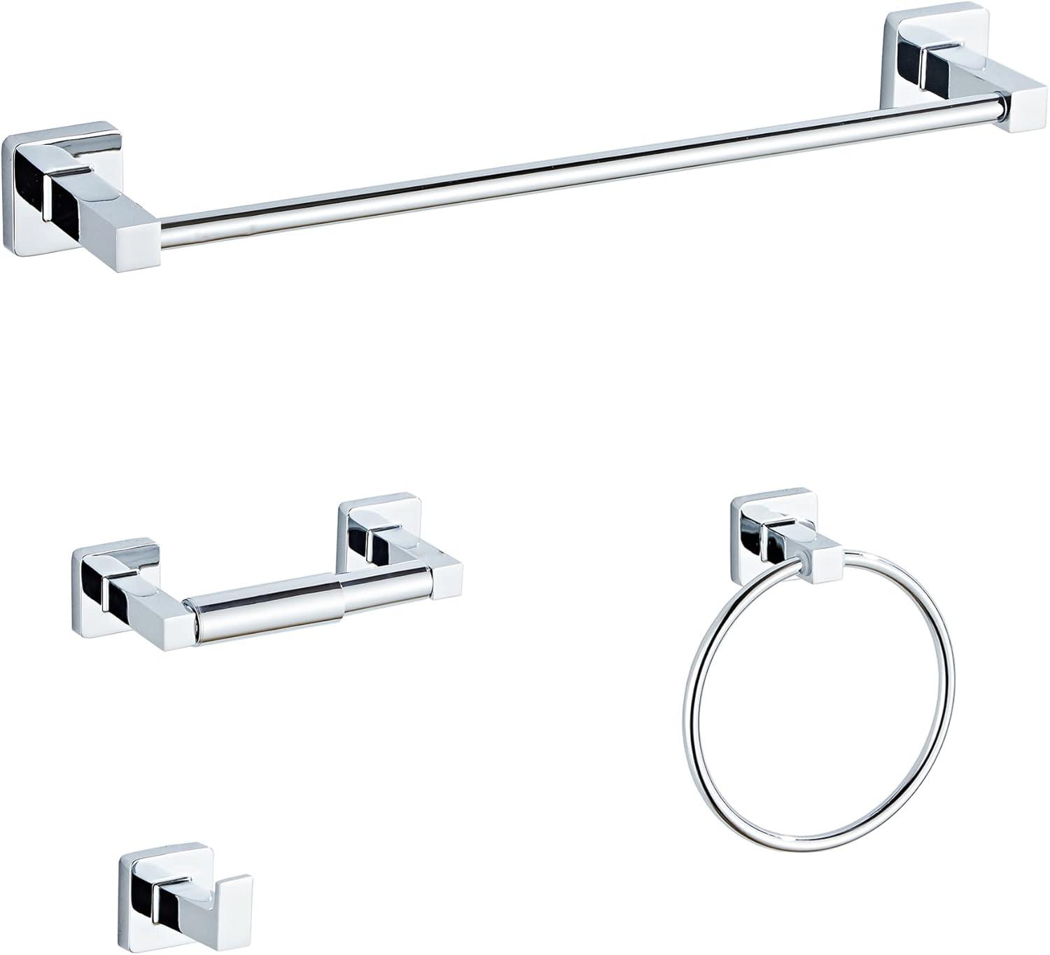 Chrome Bathroom Hardware Set 4 Pieces,Bathroom Accessories Set Stainless Steel Wall Mounted, Hand Towel Bar, Towel Ring, Robe Towel Hooks,Toilet Paper Holder,Towel Bar Set, 23.6 Inch