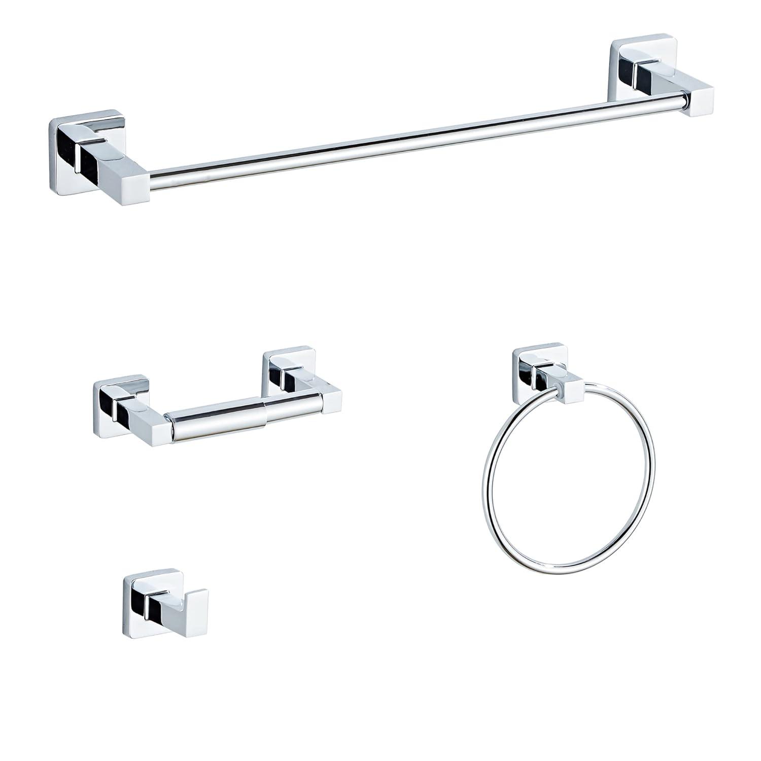 Chrome Bathroom Hardware Set 4 Pieces,Bathroom Accessories Set Stainless Steel Wall Mounted, Hand Towel Bar, Towel Ring, Robe Towel Hooks,Toilet Paper Holder,Towel Bar Set, 23.6 Inch