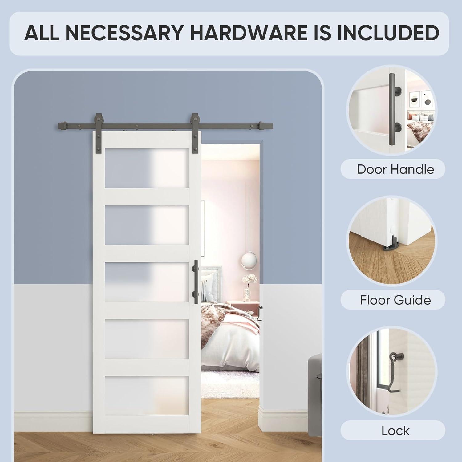 White 30x84 Frosted Glass 5-Panel Sliding Barn Door with Hardware Kit