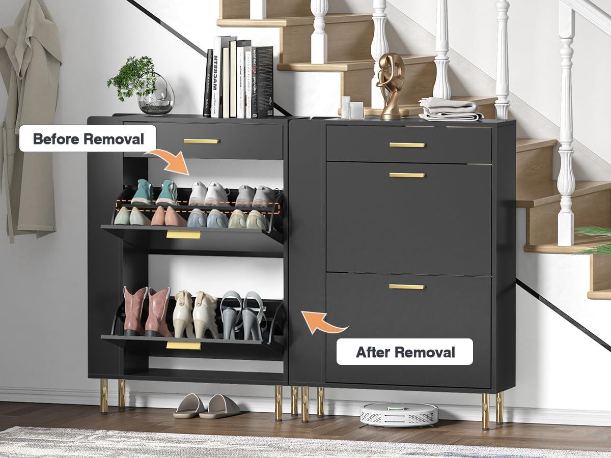 Shoe Cabinet Storage for Entryway  Freestanding Slim Shoe Organizer Cabinet with 2 Flip Drawers  Narrow Shoe Rack with Open Shelves for Hallway  Living Room  White