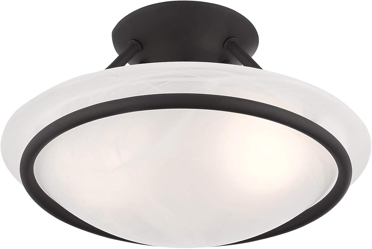 Lustrous Black Nickel 2-Light Semi Flush Mount with White Alabaster Glass Bowl