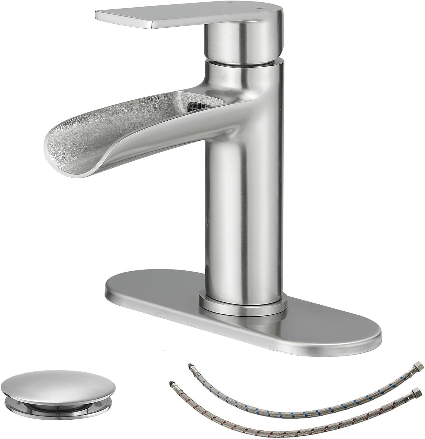 BWE Bathroom Faucets Waterfall Bathroom Faucet with Pop Up Drain for Bathroom Sink Single Hole Farmhouse RV Bathroom Basin Faucet Brushed Nickel