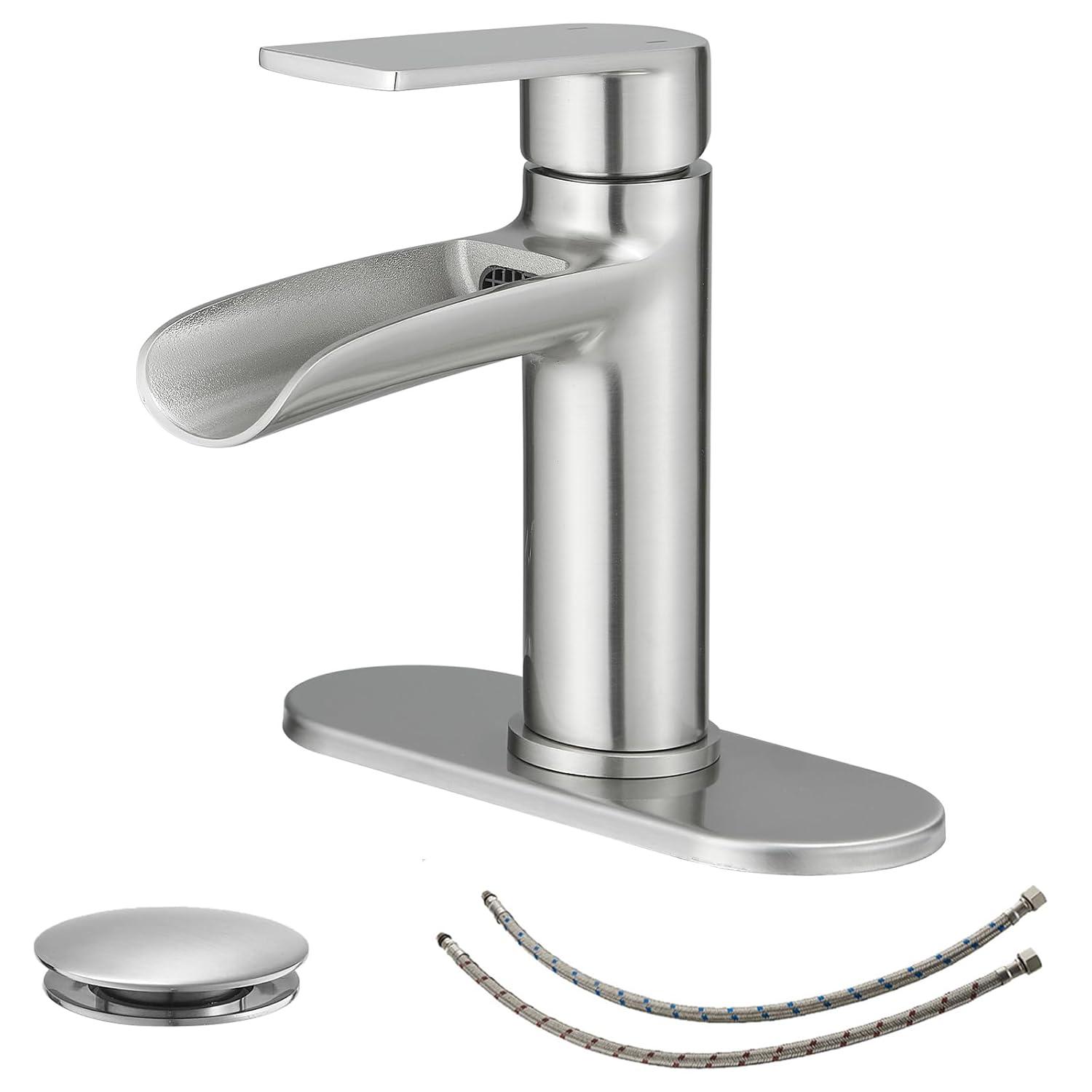 BWE Bathroom Faucets Waterfall Bathroom Faucet with Pop Up Drain for Bathroom Sink Single Hole Farmhouse RV Bathroom Basin Faucet Brushed Nickel