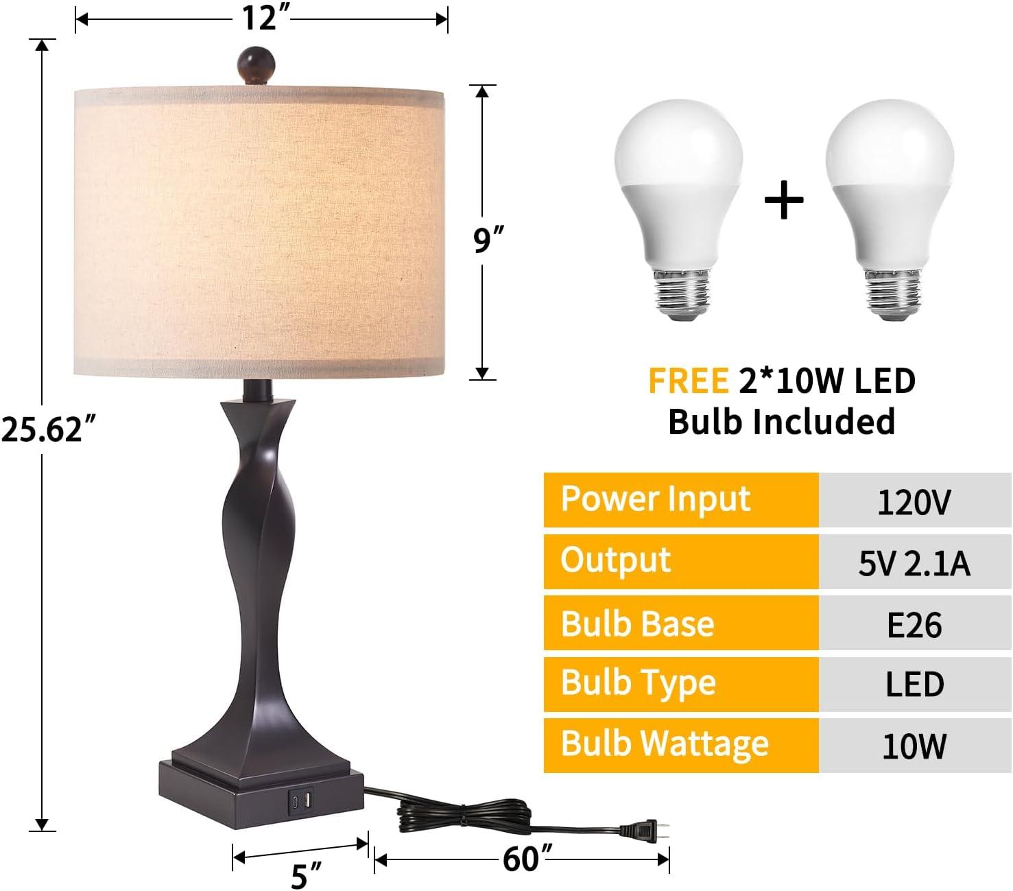 Kyrid 25.6'' Nightstand Table Lamp Set of 2 with USB and AC Ports,  Modern Table Lamps  for Living Room Bedroom(Bulbs Included)