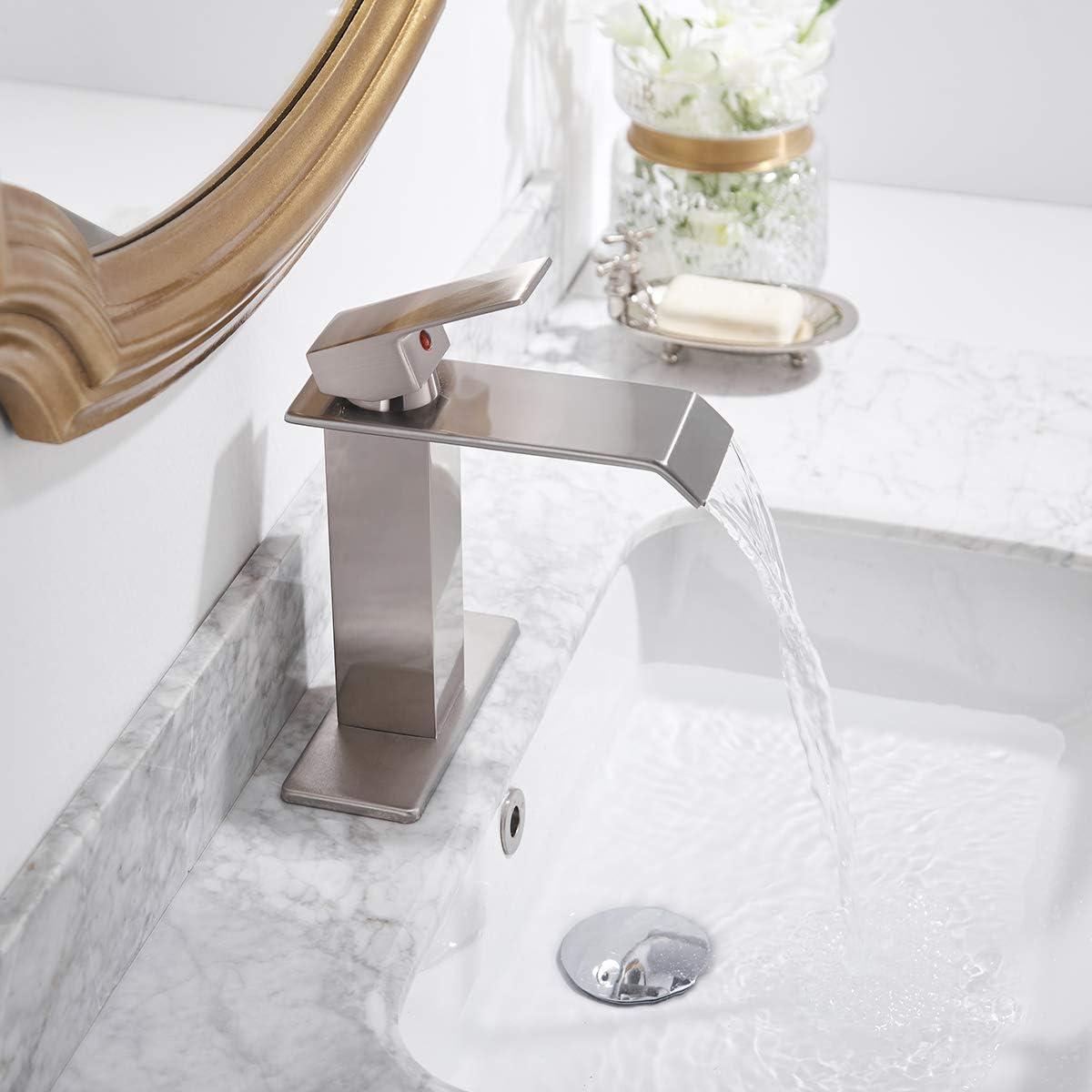 Brushed Nickel Single Handle Waterfall Bathroom Faucet with Pop Up Drain