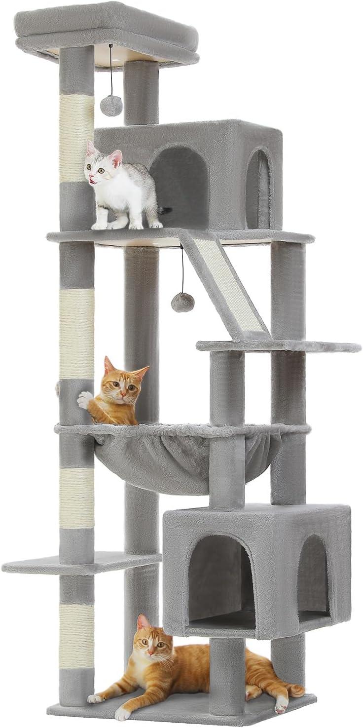 71" Indoor Tall Large Cat Tree Multi-Level Cat House With 2 Big Condo Pad Bed, Cozy Hammock And Scratching Posts