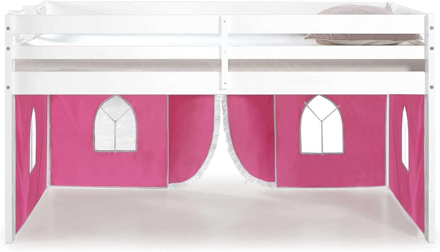 Alaterre Furniture Jasper Twin Junior Loft Bed, White Frame and Pink/White Bottom Playhouse Tent