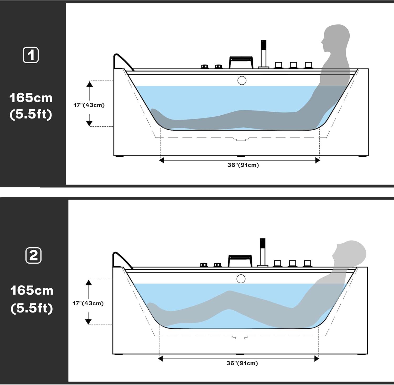 59-Inch White Acrylic Rectangular Whirlpool Bathtub with Jets and Blue Glass Panel