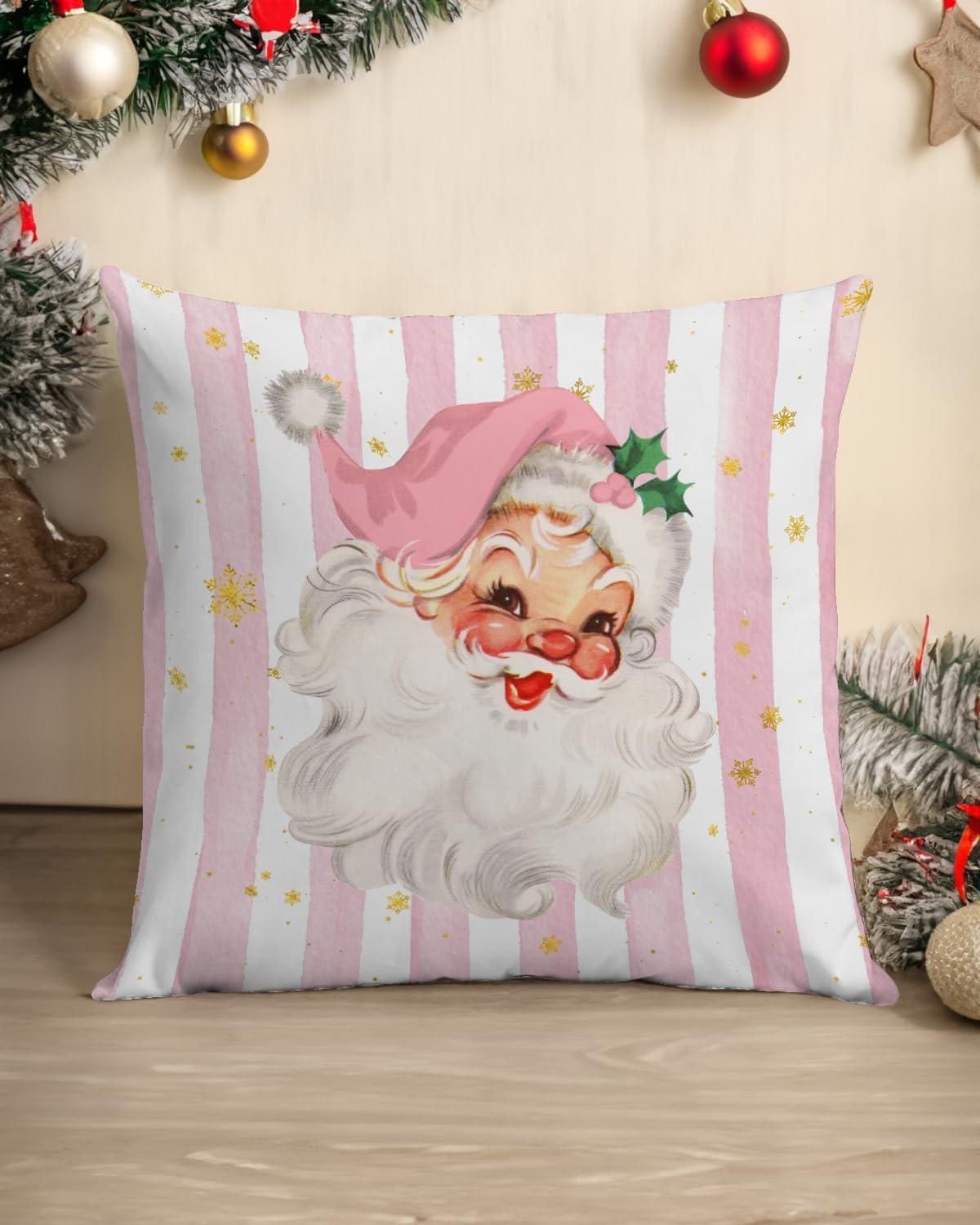 Vintage Santa Claus Christmas Pillow Cover 18x18 Inch, Pink Striped Retro Holiday Cushion for Winter Home Decor, Festive Throw Pillow for Living Room, Bedroom, Sofa Decoration(Pink)