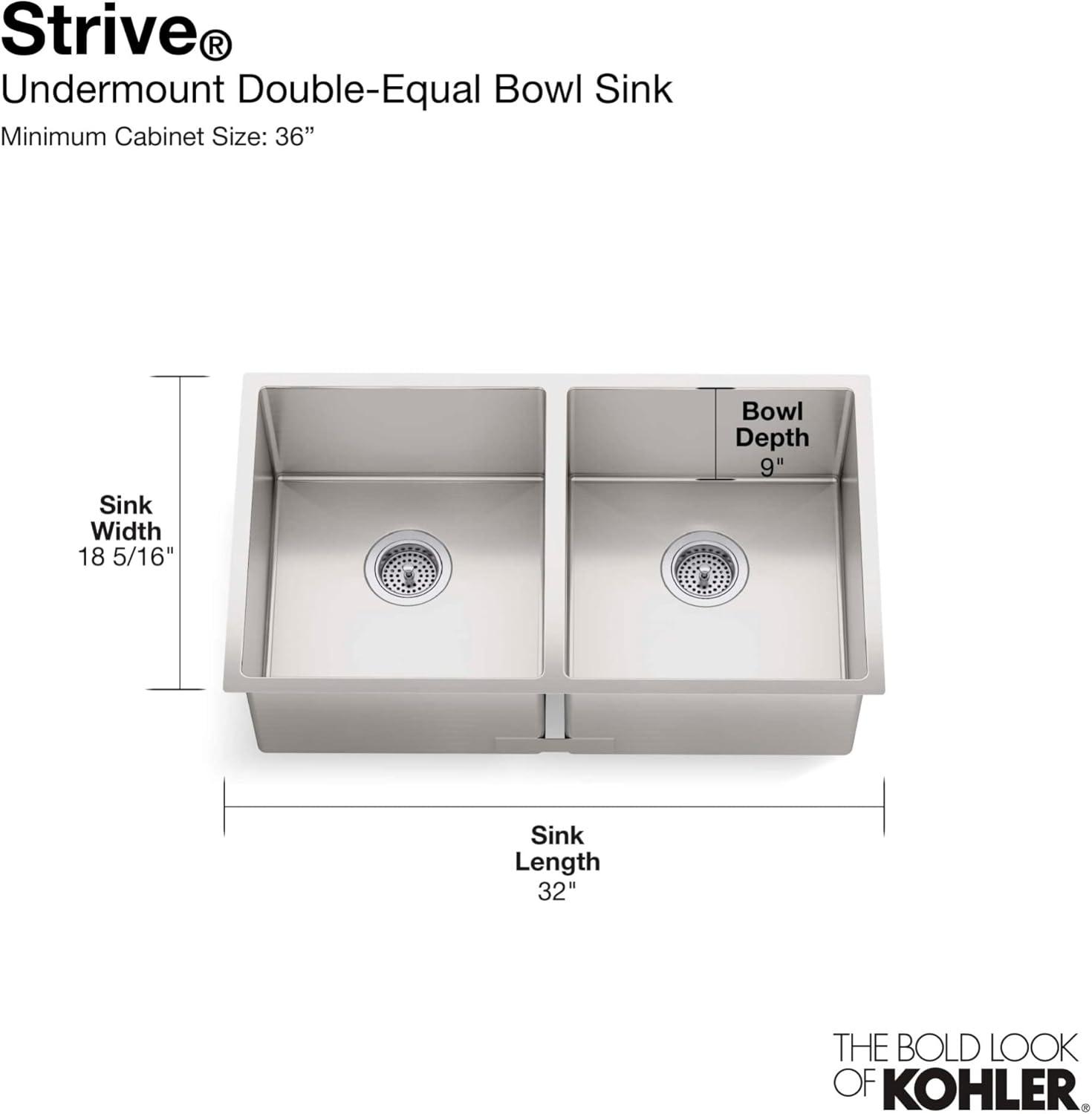 Strive 32" L x 18-1/4" W x 9-5/16" Under-Mount Double-Equal Kitchen Sink with Basin Rack