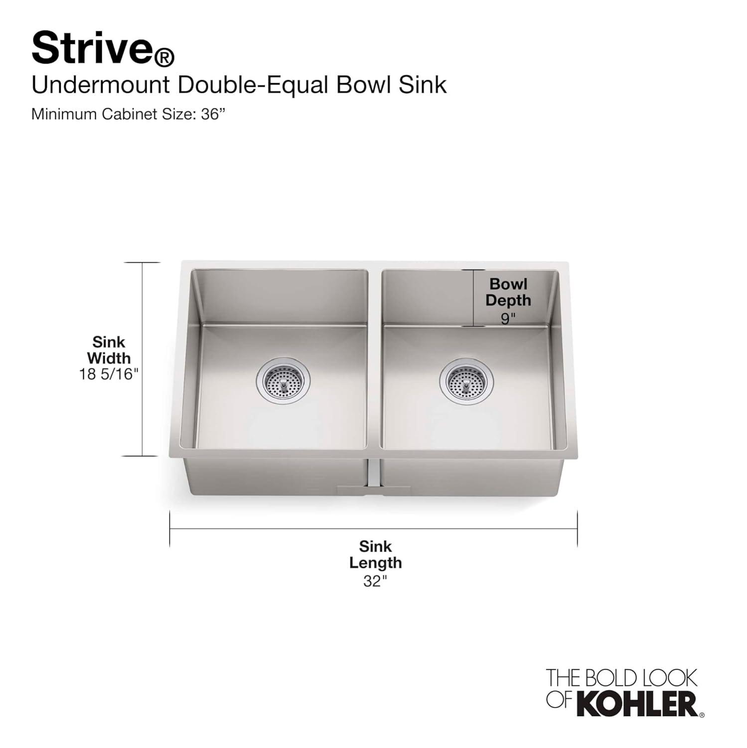 Strive 32" L x 18-1/4" W x 9-5/16" Under-Mount Double-Equal Kitchen Sink with Basin Rack