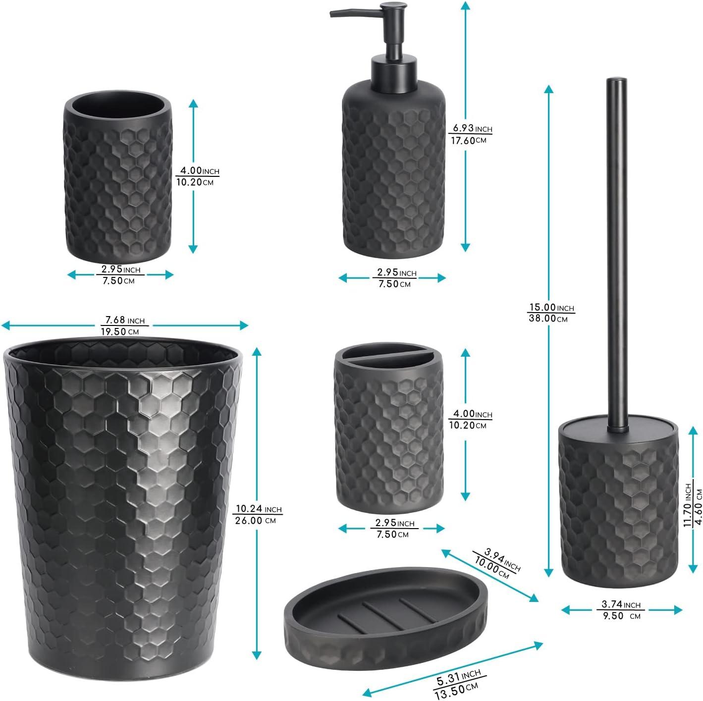 zccz Bathroom Accessory Set - 6 Pcs Black Bathroom Accessories Set with Trash Can, Toothbrush Holder, Toothbrush Cup, Soap Dispenser, Soap Dish, Toilet Brush with Holder - Accessoire Salle de Bain