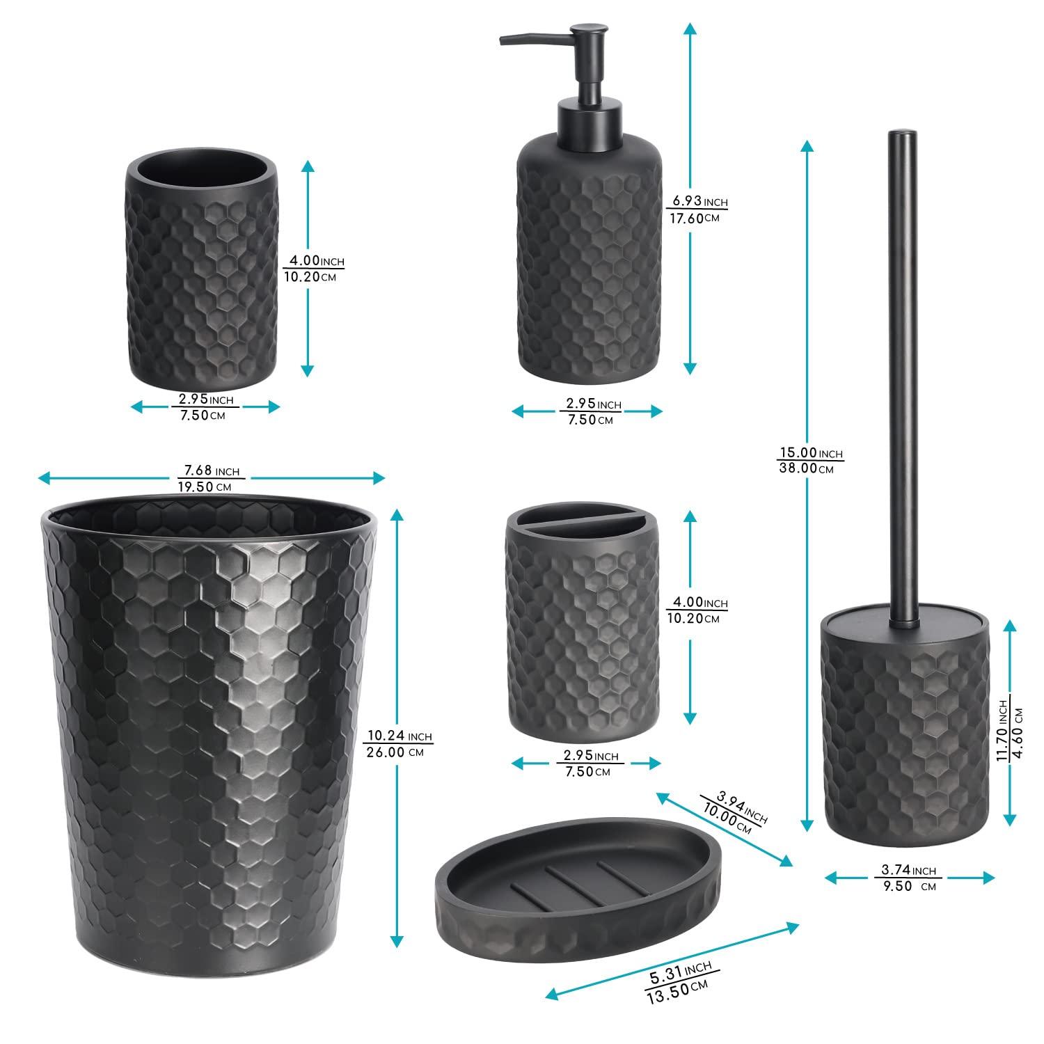 zccz Bathroom Accessory Set - 6 Pcs Black Bathroom Accessories Set with Trash Can, Toothbrush Holder, Toothbrush Cup, Soap Dispenser, Soap Dish, Toilet Brush with Holder - Accessoire Salle de Bain