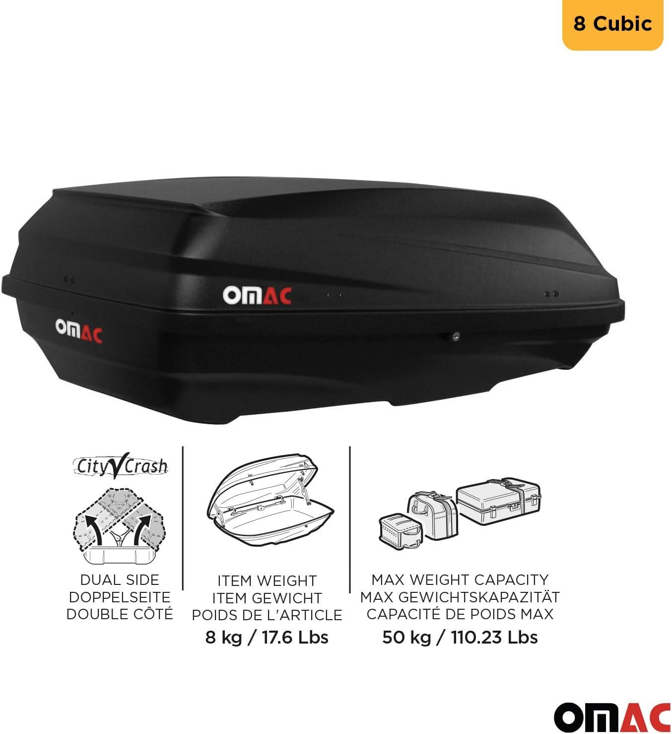 OMAC Rooftop Cargo Carrier Hard Shell, 8 Cubic Feet Cargo Box for Roof Rack, Dual-Side Opening, Waterproof Roof Box, Car Roof Carrier Hard Shell, Matt Black with Security Keys