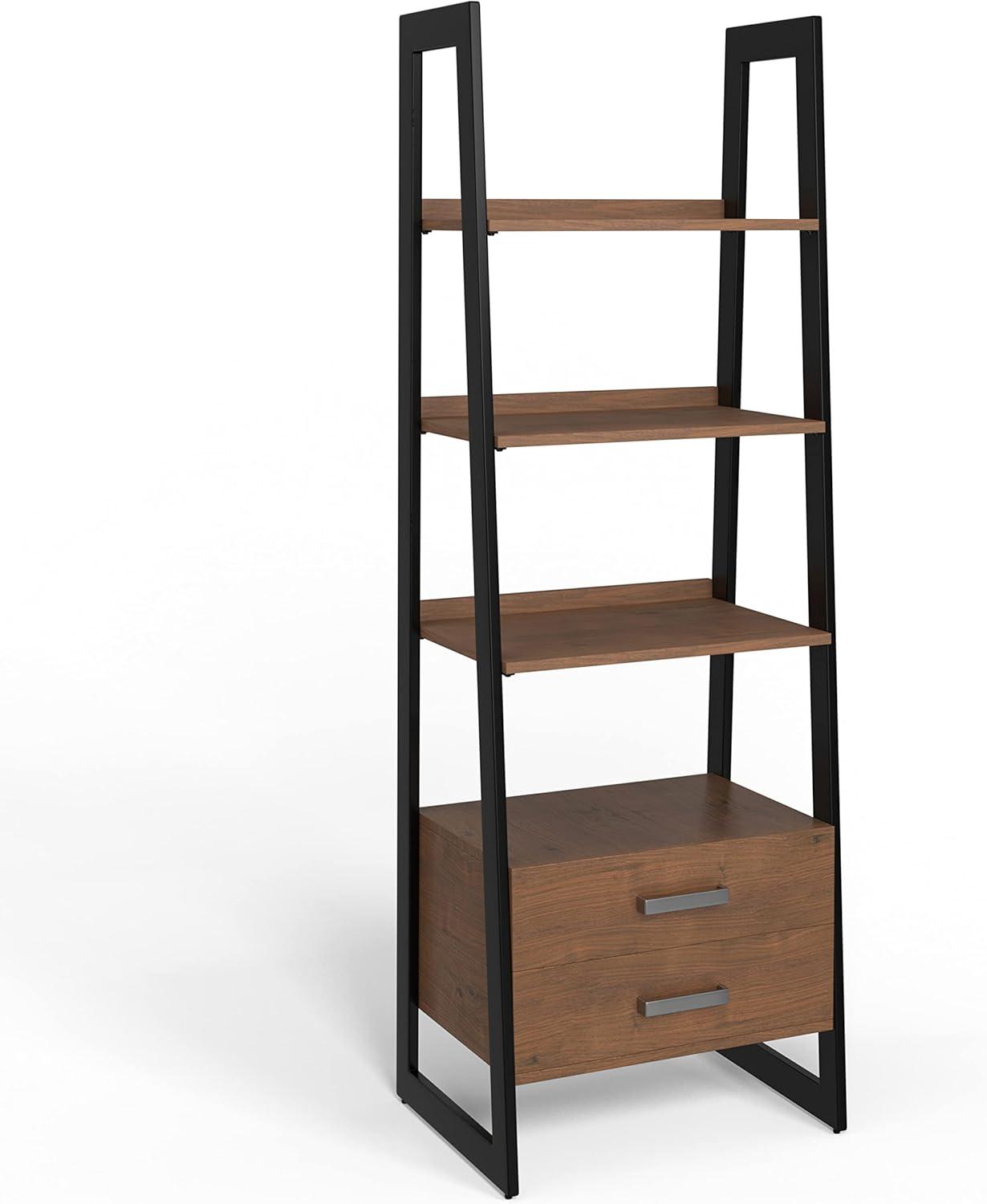 Simpli Home Sawhorse Modern Industrial and Metal Ladder Shelf with Storage in Walnut