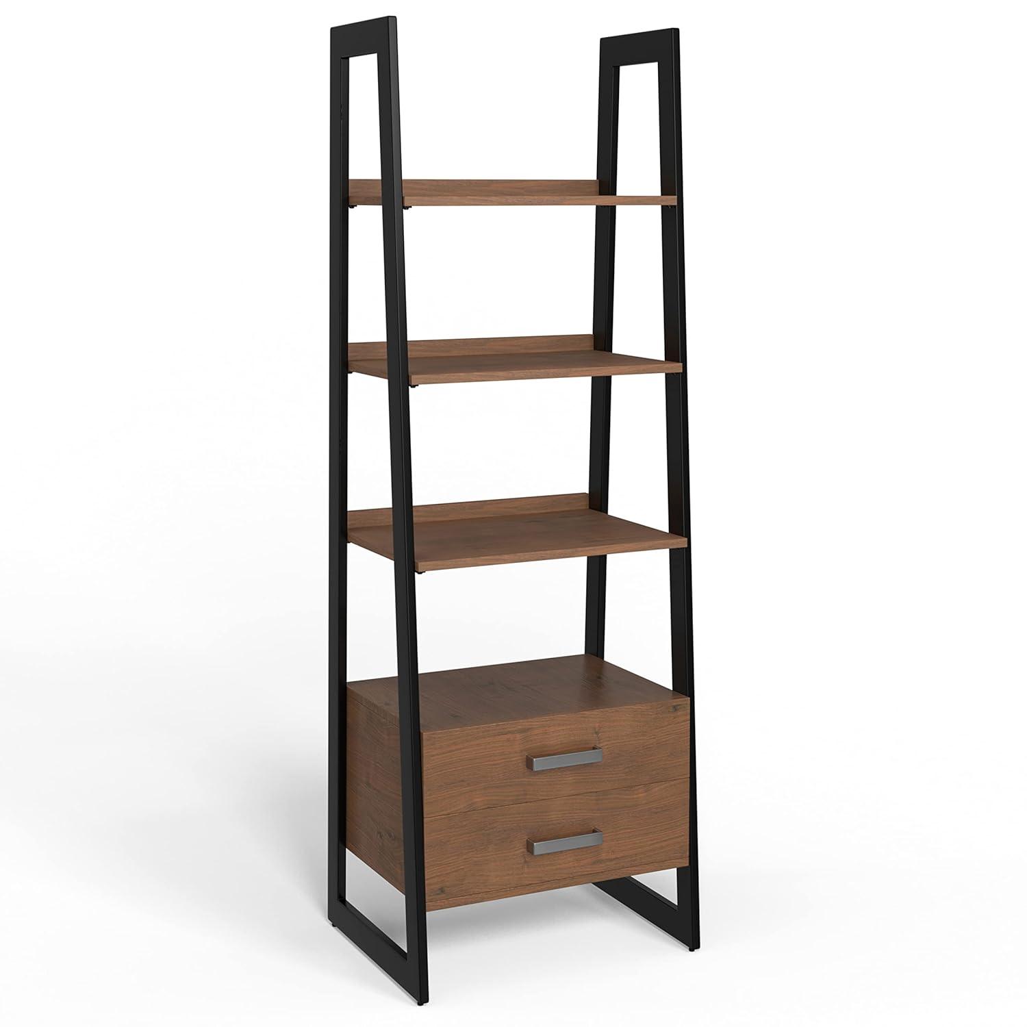 Simpli Home Sawhorse Modern Industrial and Metal Ladder Shelf with Storage in Walnut
