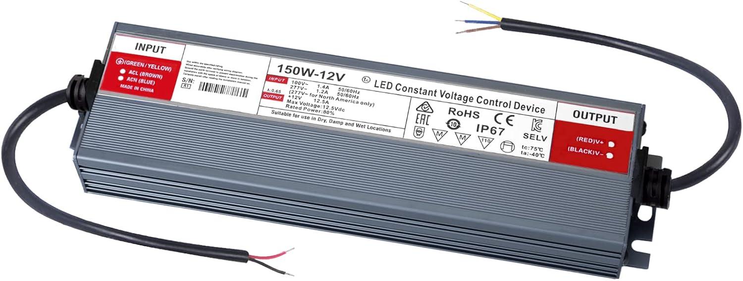 QNNP® LED Driver 150 Watts 12V DC Low Voltage Transformer Waterproof IP67 Power Supply Transformer Adapter AC 100V-120V to 12V DC, LED Power Supply for Indoor Outdoor LED Lighting