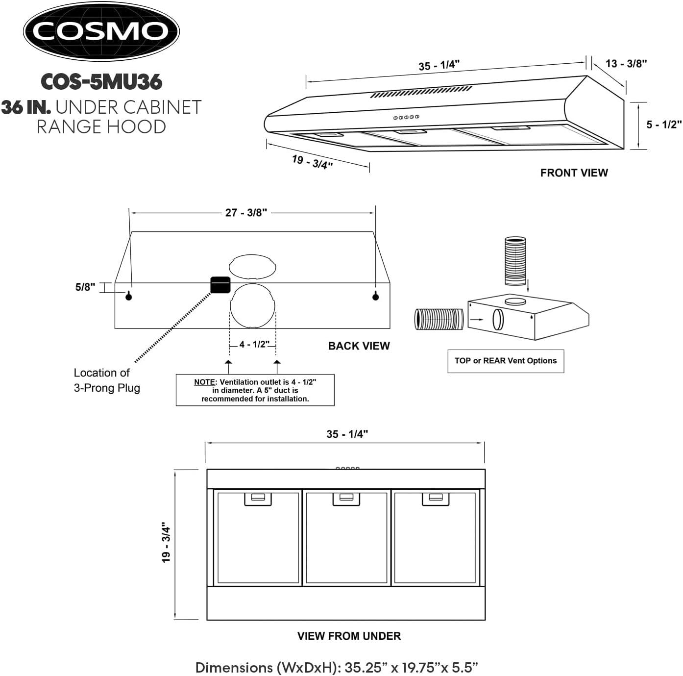 Cosmo 36" Stainless Steel 220 CFM Ducted (Vented) Under Cabinet Range Hood with Charcoal Filter