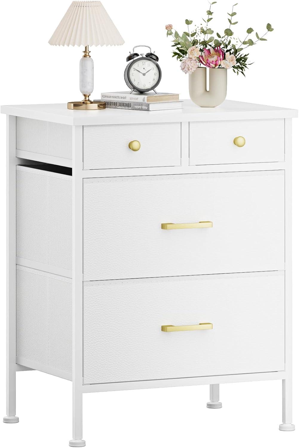 White Faux Leather Nightstand with 4 Fabric Drawers and Gold Knobs