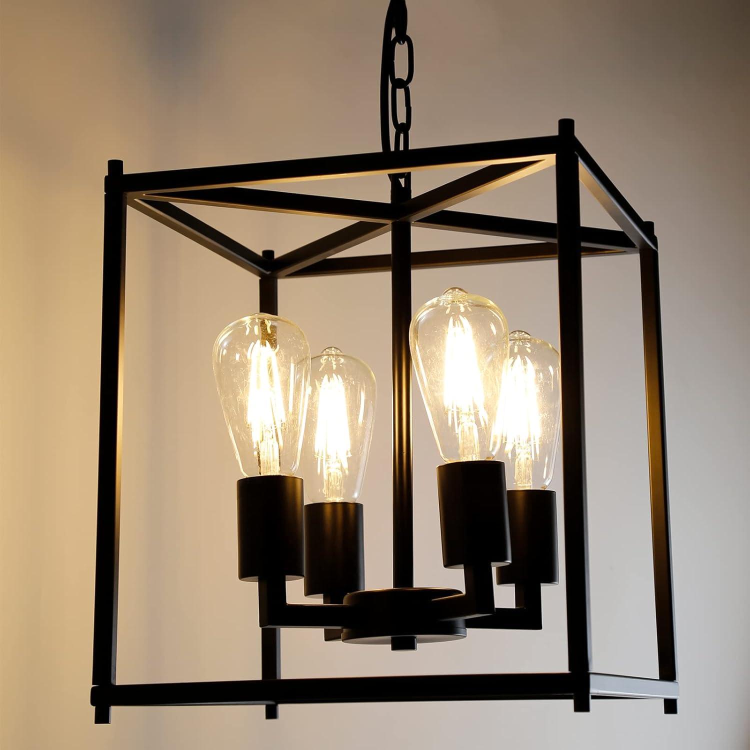 4 Light Chandelier, Industrial Ceiling Light Black Lantern Light Fixtures with Farmhouse Metal Cage Adjustable Height Rustic Geometric Hanging Light E12 Base for Kitchen Island, Entryway, Indoor