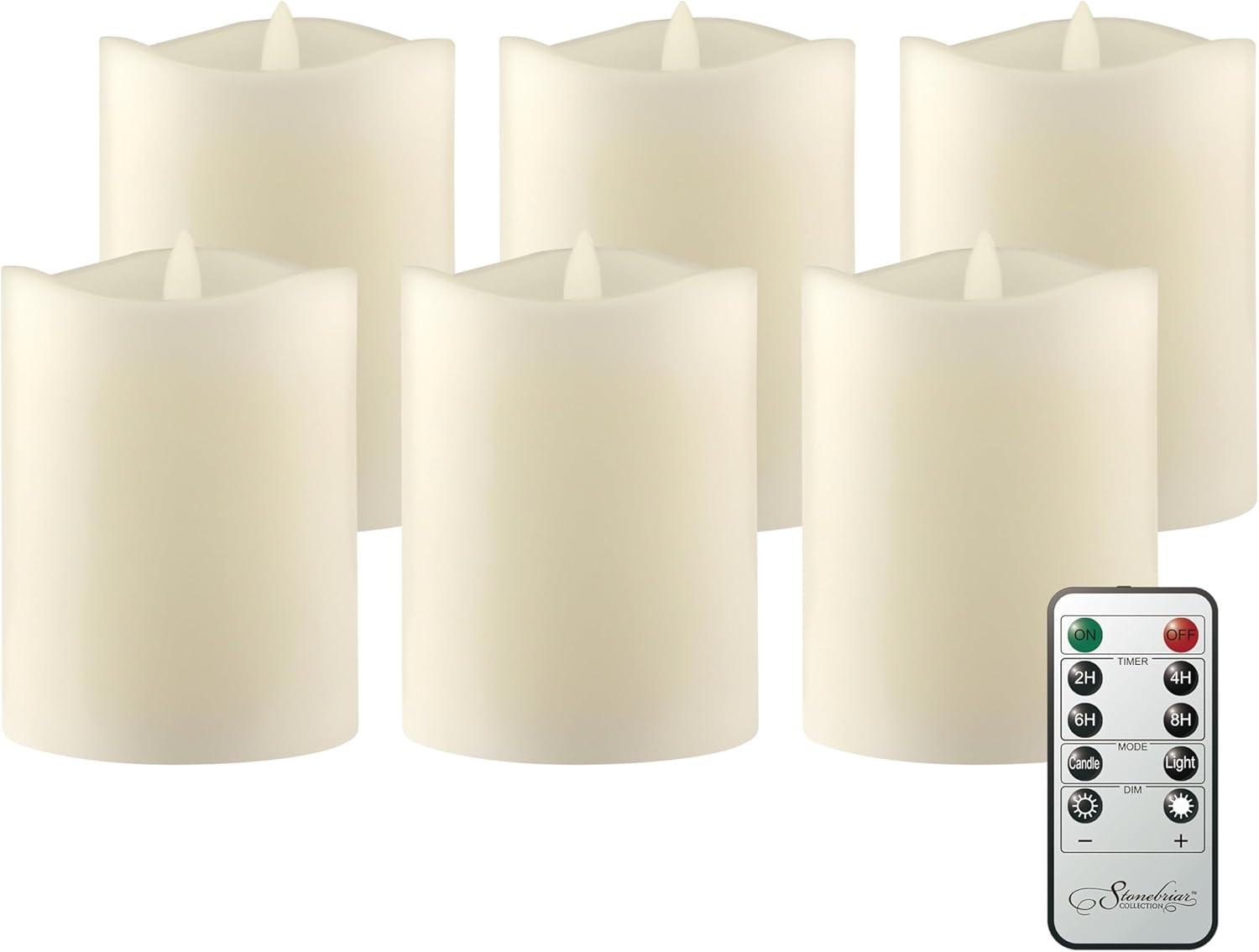Stonebriar Flameless LED 3"x 4" off-White Real Wax Pillar Candle with Timer and Remote, 6 Pack