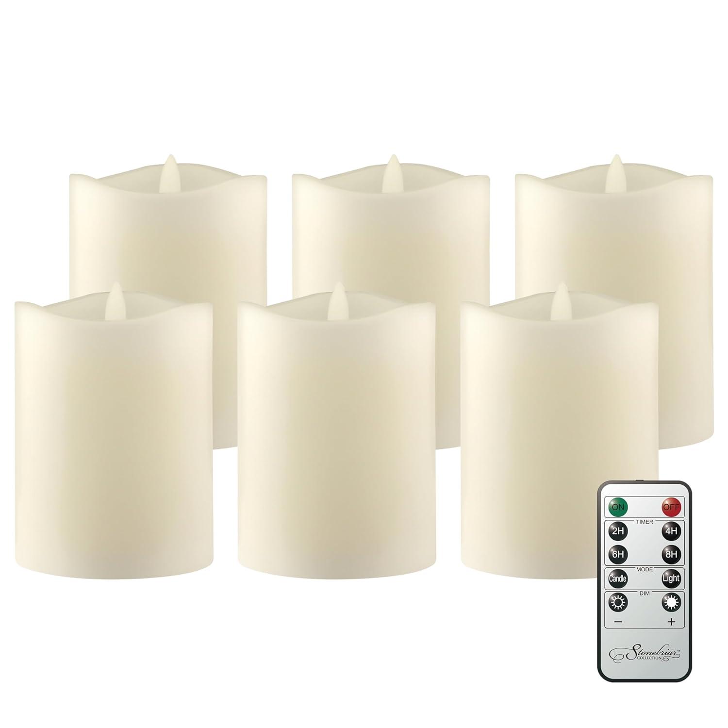 Stonebriar Flameless LED 3"x 4" off-White Real Wax Pillar Candle with Timer and Remote, 6 Pack