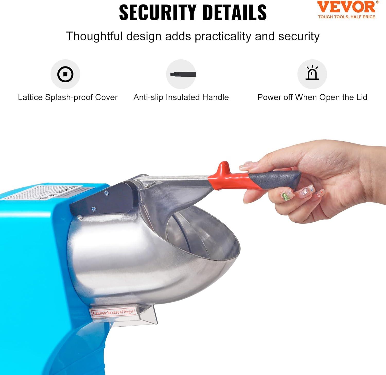 VEVOR Ice Crushers Machine, 220lbs Per Hour Electric Snow Cone Maker with 4 Blades, Stainless Steel Shaved Ice Machine with Cover and Bowl, 300W Ice Shaver Machine for Home and Commercial Use, Blue