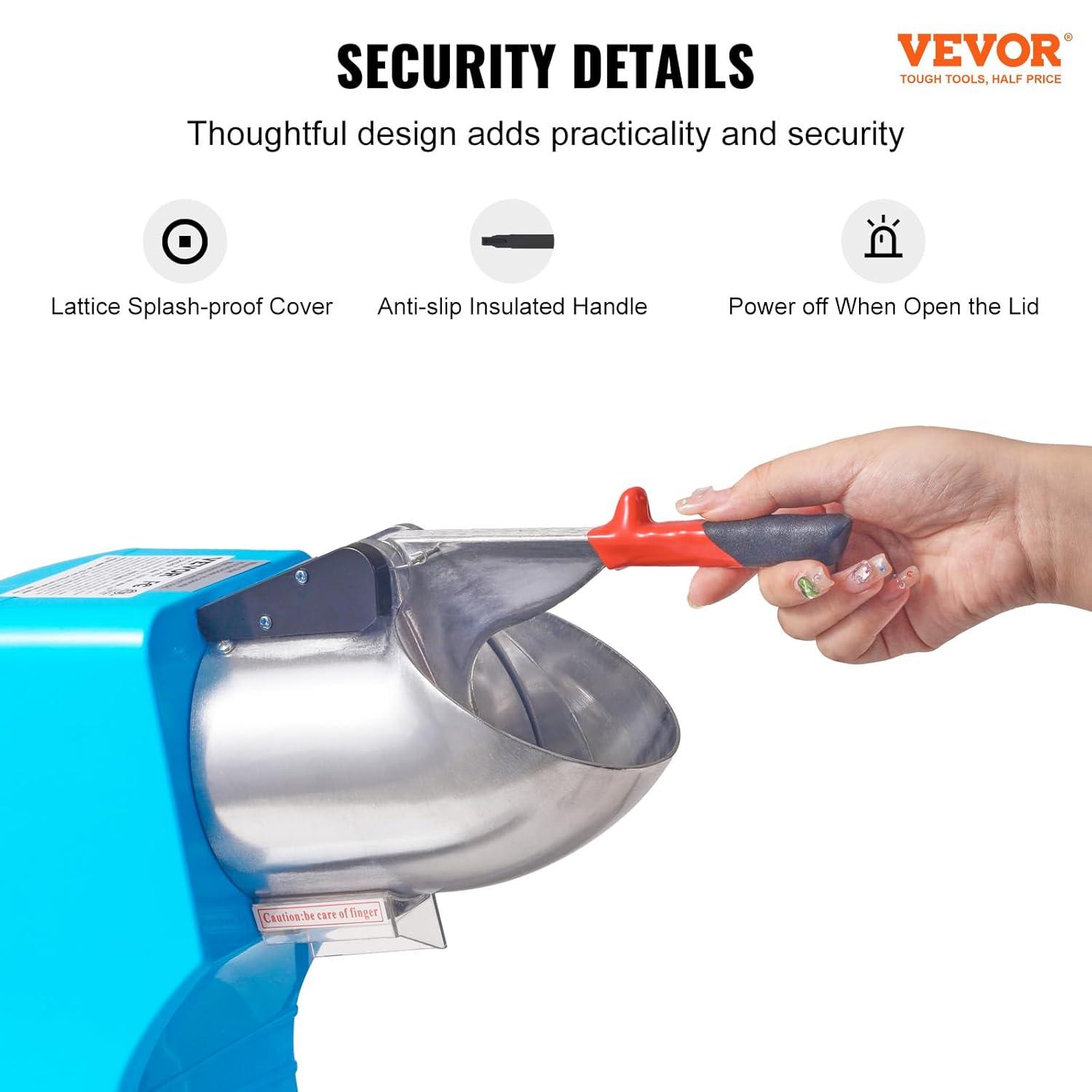 VEVOR Ice Crushers Machine, 220lbs Per Hour Electric Snow Cone Maker with 4 Blades, Stainless Steel Shaved Ice Machine with Cover and Bowl, 300W Ice Shaver Machine for Home and Commercial Use, Blue