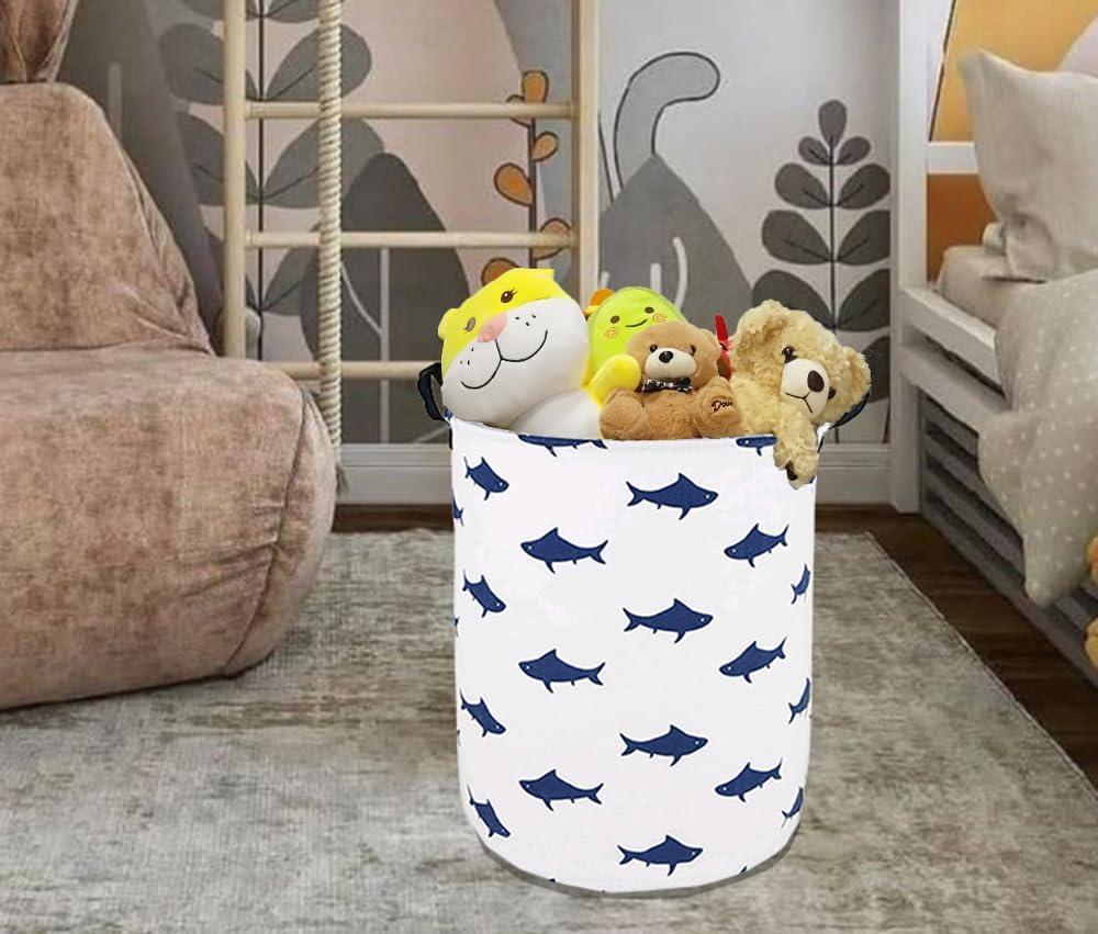 HUAYEE Round Laundry Basket Waterproof Round Cotton Linen Collapsible Storage bin with Handles for Hamper Kids Room,Toy Storage(navy shark)