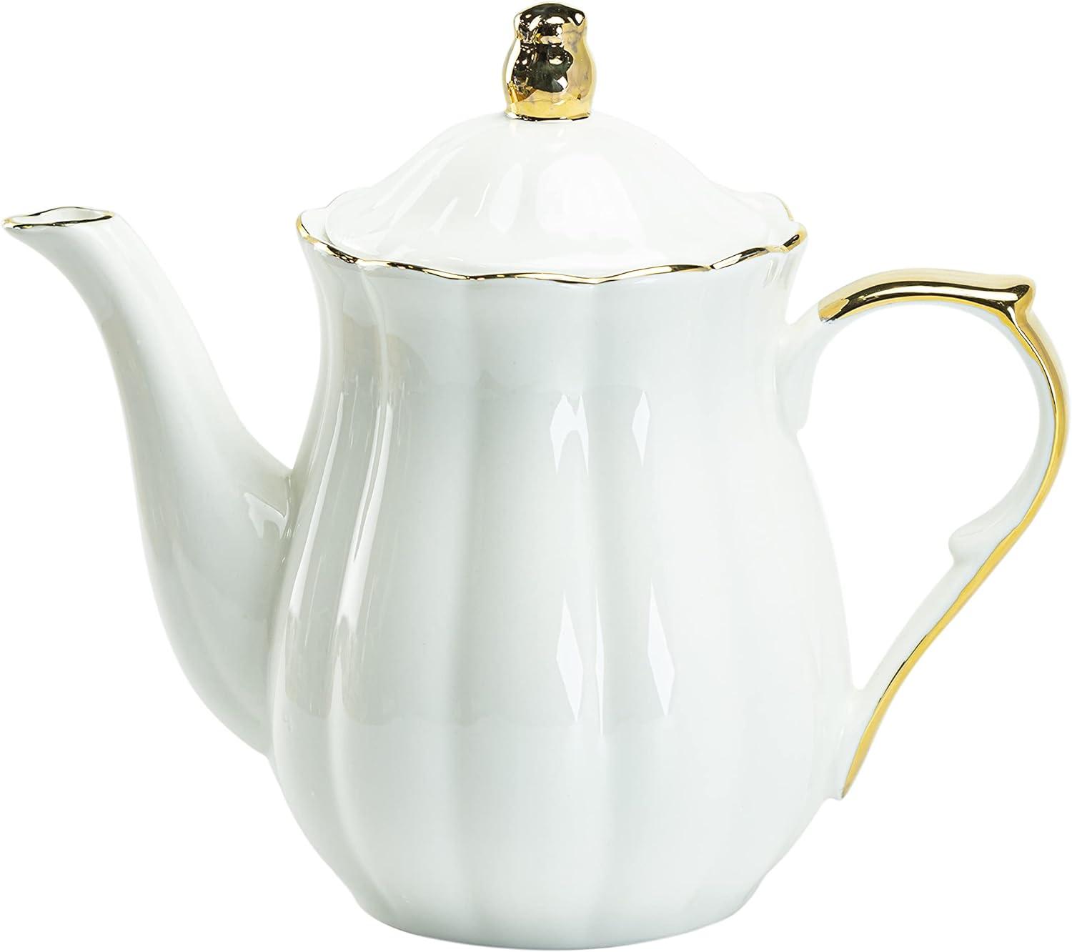 Elegant 40oz White and Gold Porcelain Teapot with Lid