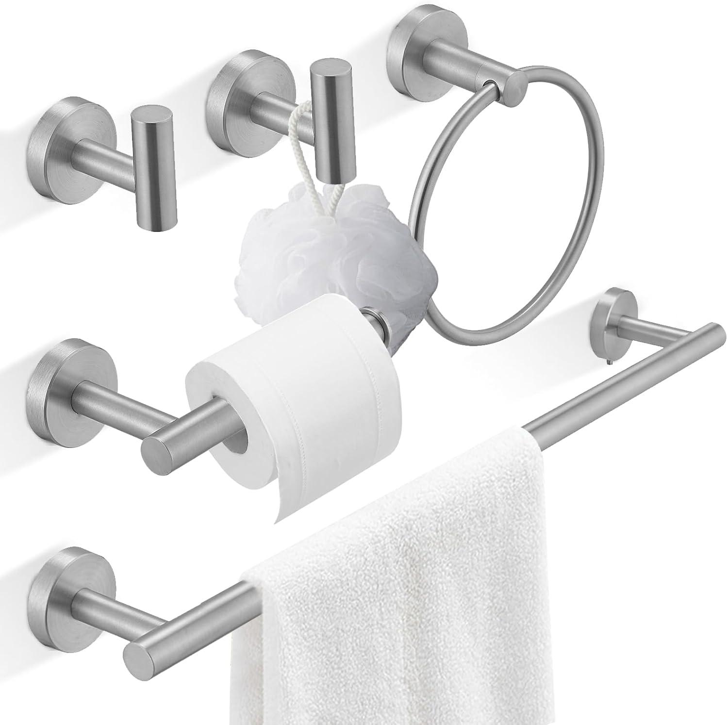 5-Piece Bathroom Hardware Set Matte Black Accessories Include 24-Inch Towel Bar, Towel Ring, Toilet Paper Holder and Robe Hooks Stainless Steel Wall Mounted Towel Hanger