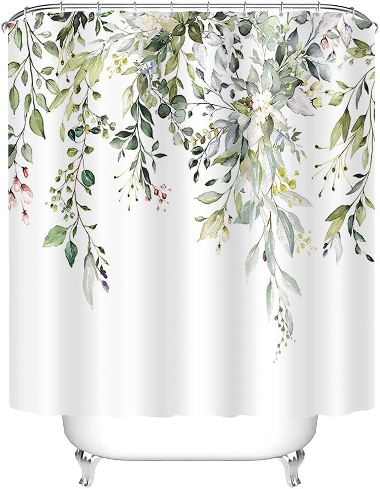 Eucalyptus Watercolor Leaves Semi-Sheer Waterproof Shower Curtain