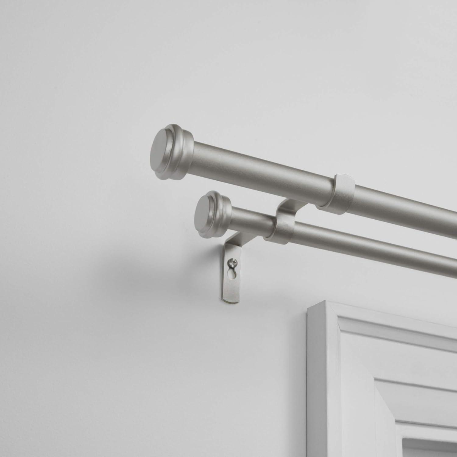 Matte Silver Adjustable Double Curtain Rod Set with Finials