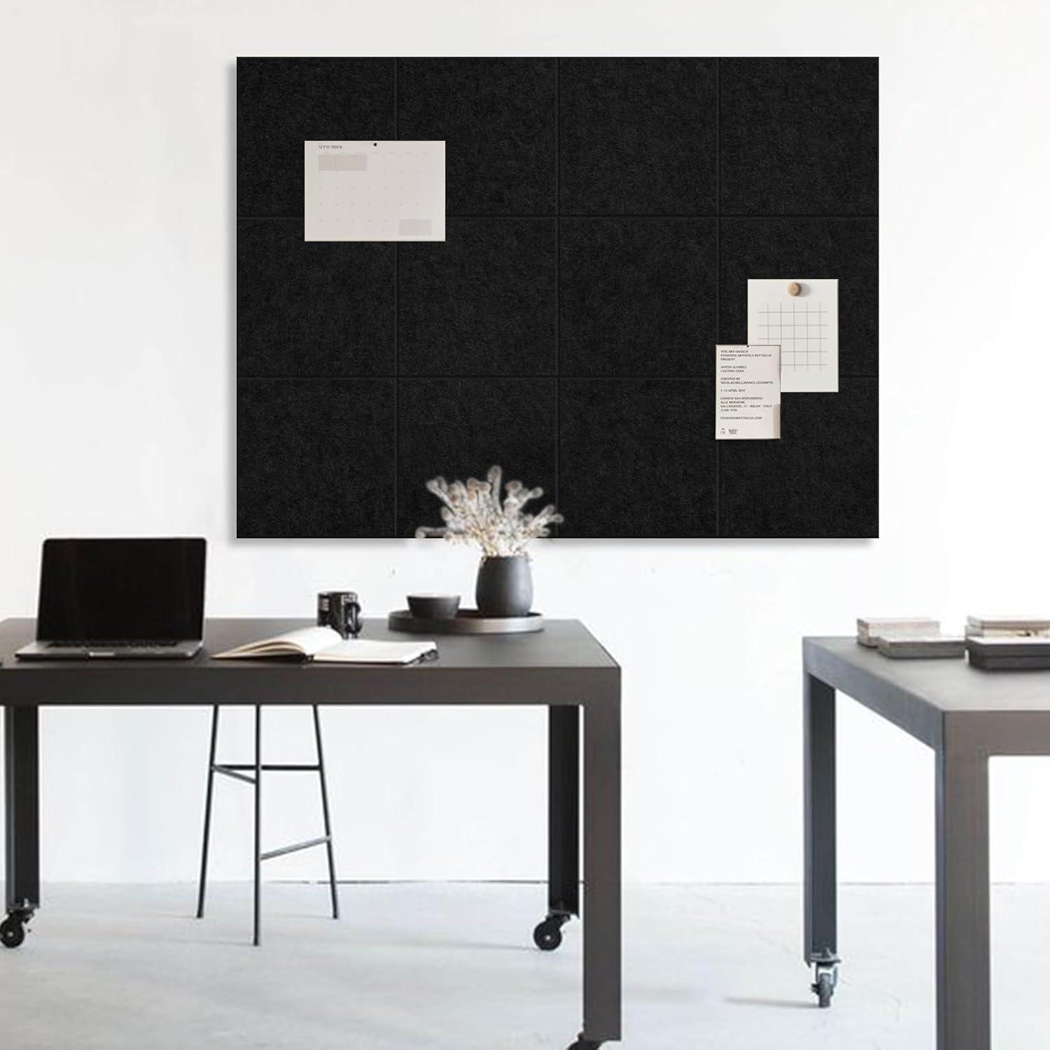 Large Cork Board Alternative 48" x 36", Black Bulletin Board, 12 Pack Felt Wall Tiles With 50 Pushpins, Pin Board Tack Board for Office (Dark Blue)