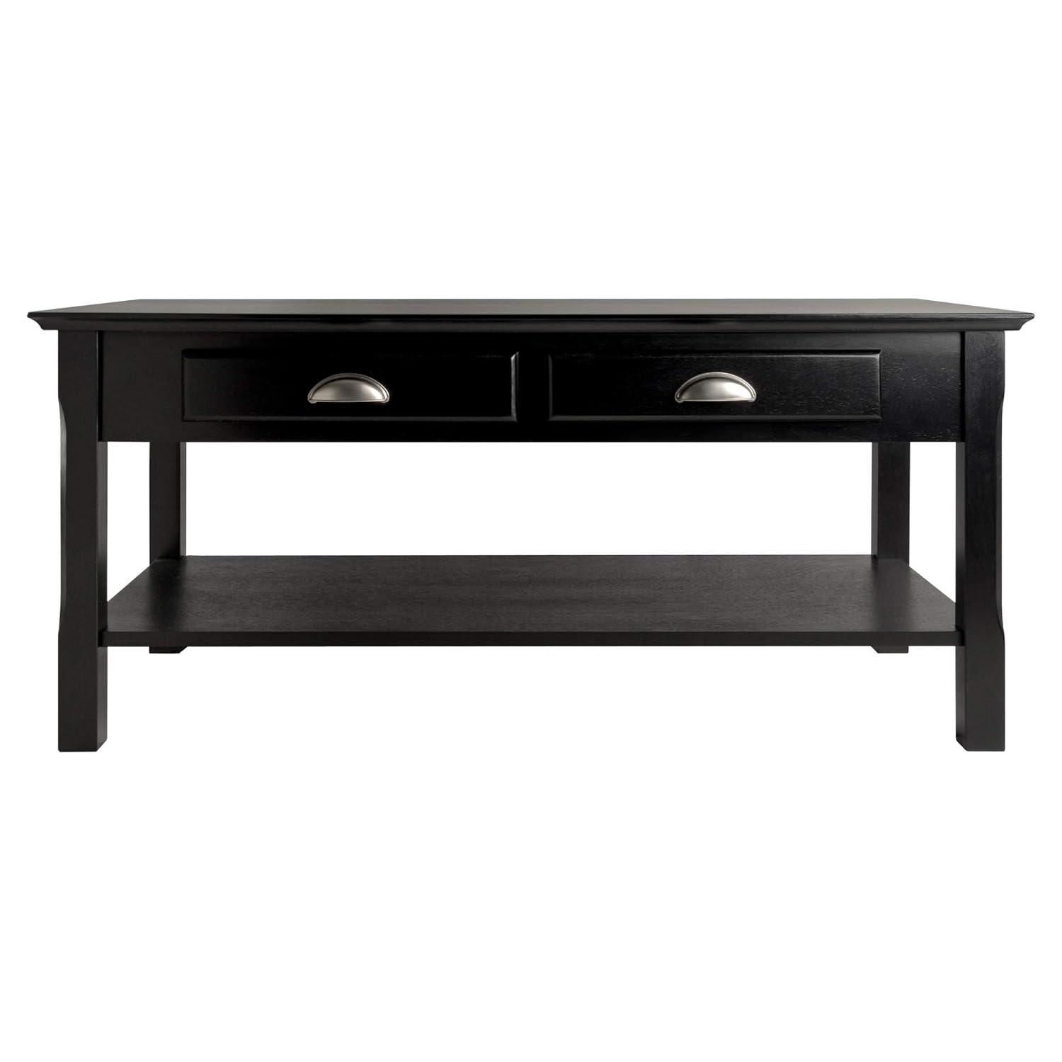 Timer Coffee Table, Drawers and Shelf - Black - Winsome: Solid Wood, Chrome Handle Accents