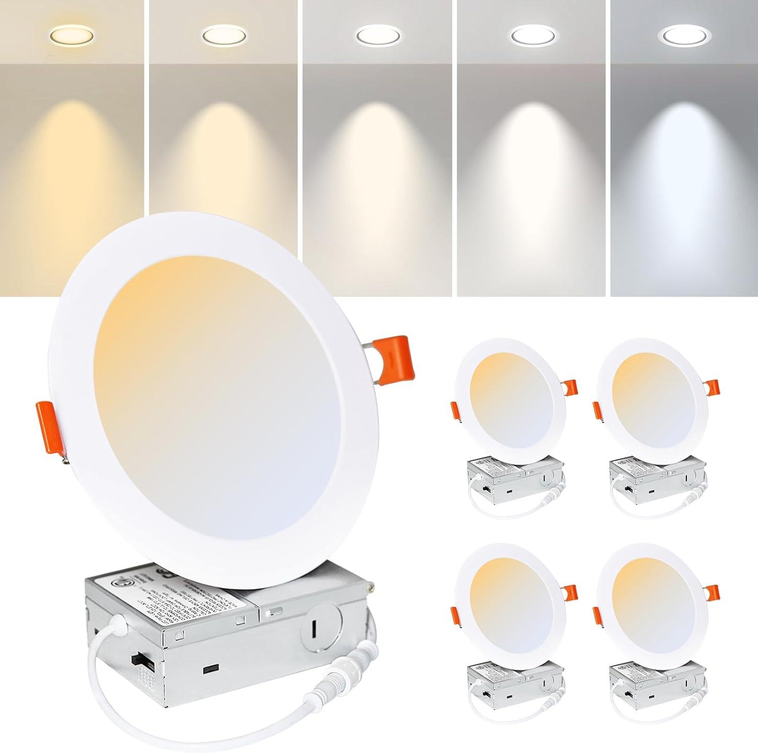 Beslowe 6 Packs 6 Inch 5CCT LED Recessed Ceiling Lights Ultra-Thin with Junction Box, 12W 150W Eqv, 3000K/3500K/4000K/5000K/6500K, 1200LM Dimmable Canless Downlights for Kitchen Hallway Dining Room