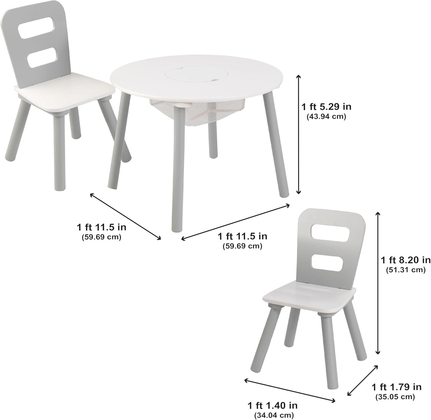 KidKraft Wooden Kids Round Storage Table & 2 Chair Set, Gray & White