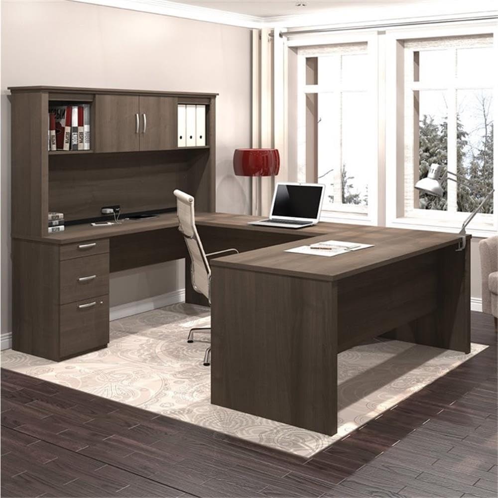 Atlin Designs Contemporary 4 PC Wood U-Shaped Desk with Hutch in Mahogany