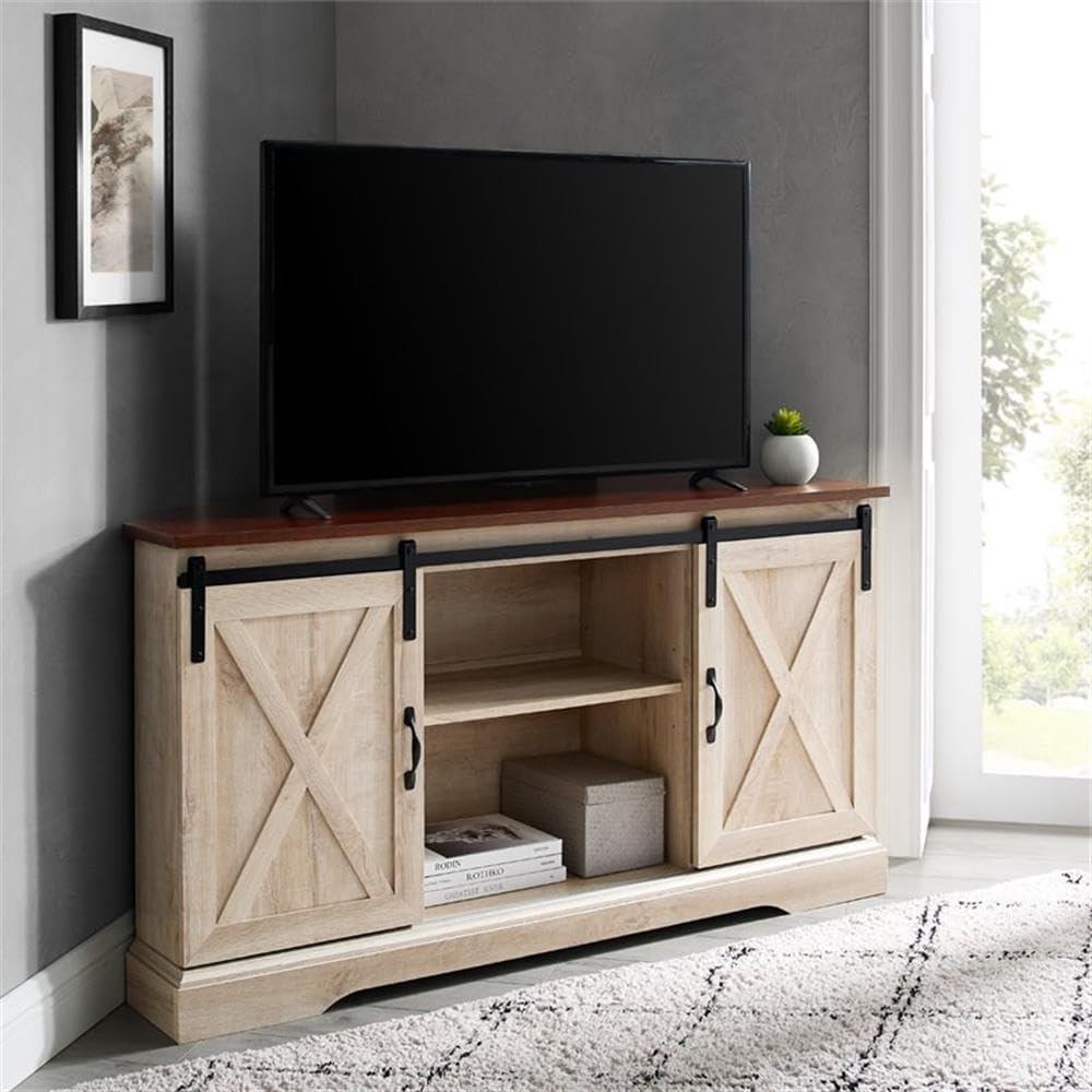 Traditional Brown and White Oak Corner TV Stand with Sliding Barn Doors