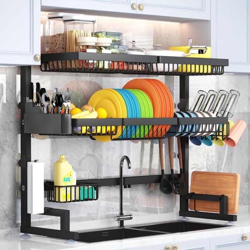 Expandable Black Stainless Steel 3-Tier Over Sink Dish Drying Rack