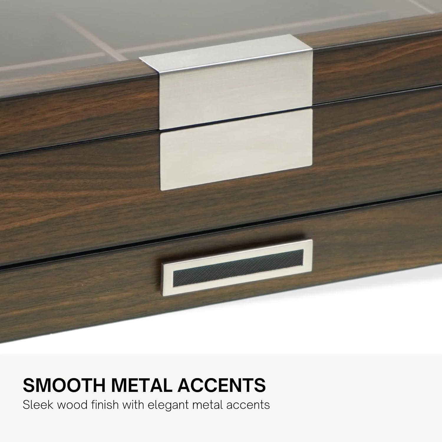 Multi-Purpose Drawer, Sunglasses and Jewelry Box Wooden Storage Organizer with Saddle Brown Leather (Coffee Lover)